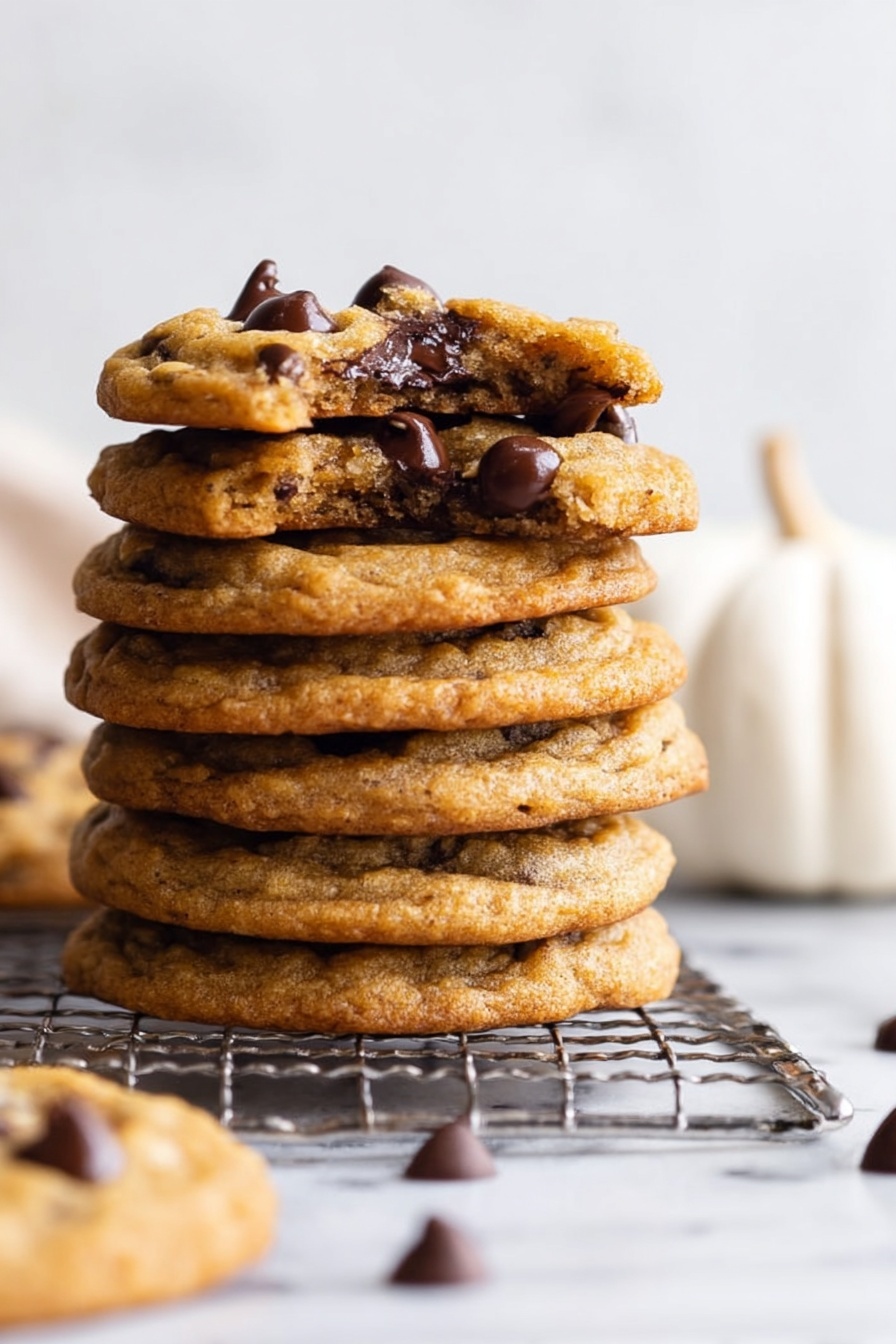 A tall stack of six golden brown cookies sits on a metal cooling rack on a white marbled surface. The top cookie is broken in half, showing melted dark chocolate inside while several shiny chocolate chips peek from the cookie tops. Some chocolate chips lie on the white marbled surface near the stack. A small white pumpkin is softly blurred in the background. The cookies look soft and slightly thick with a slightly rough texture from the oats or chocolate chips, and the overall scene is bright and cozy. Photo taken with an iphone --ar 2:3 --v 7 - Chewy Pumpkin Chocolate Chip Cookies, pumpkin chocolate chip cookies, fall cookie recipes, pumpkin cookies with chocolate chips, easy fall treats