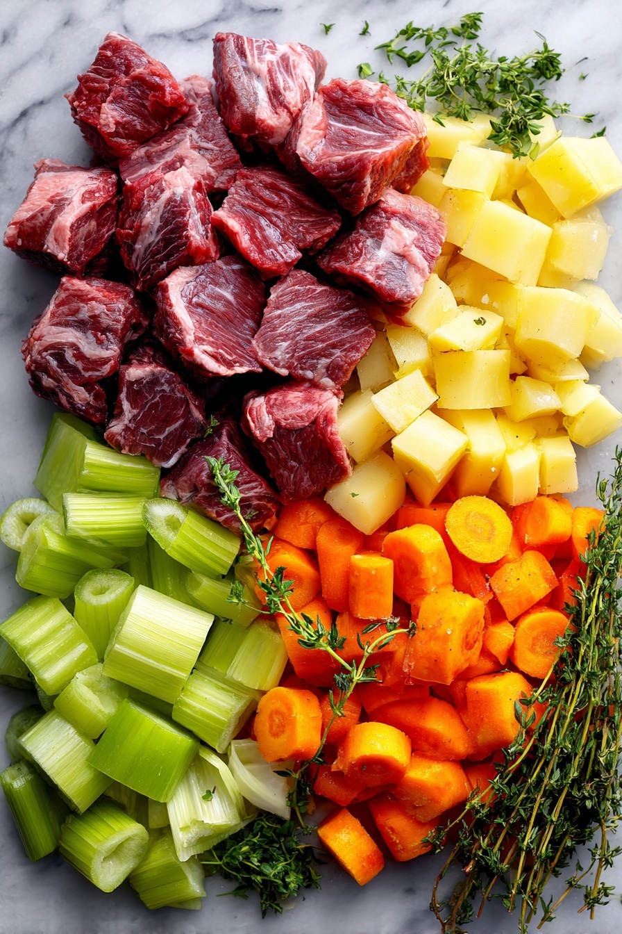 Flat lay of raw beef chuck stew meat cut into cubes, fresh celery ribs cut into pieces, bright orange carrot chunks, peeled parsnips slices, peeled russet potato cubes, a medium chopped yellow onion, sprigs of fresh thyme, and a small pile of chopped fresh parsley leaves, all beautifully arranged on a white marble surface, photo taken with an iphone --ar 2:3 --v 7 - Easy Beef Stew, hearty beef stew, simple beef stew recipe, comforting beef stew, slow cooker beef stew
