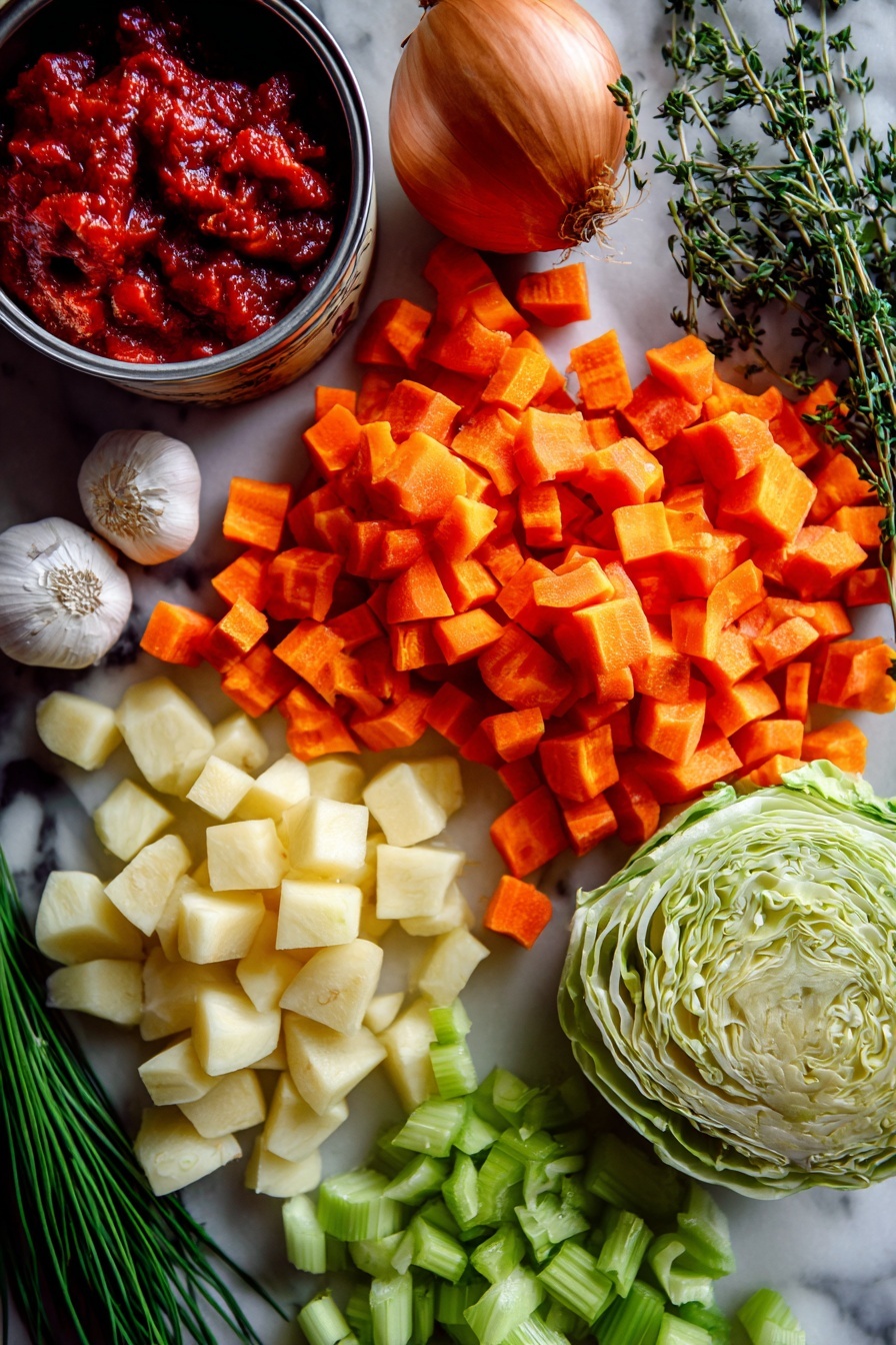 Flat lay of peeled parsnips cut into thick slices, bright orange diced carrots, fresh green celery ribs chopped finely, a medium yellow onion with its papery skin, plump garlic cloves unpeeled, vibrant green thinly sliced cabbage, a can of drained diced tomatoes showing rich red chunks, a small pile of deep red tomato paste, and fresh sprigs of parsley and chives, all beautifully arranged on a white marble surface, photo taken with an iphone --ar 2:3 --v 7 - Healthy Parsnip Shepherd's Pie, healthy shepherd's pie with parsnips, nutritious shepherd's pie recipe, comfort food with parsnips, easy healthy dinner
