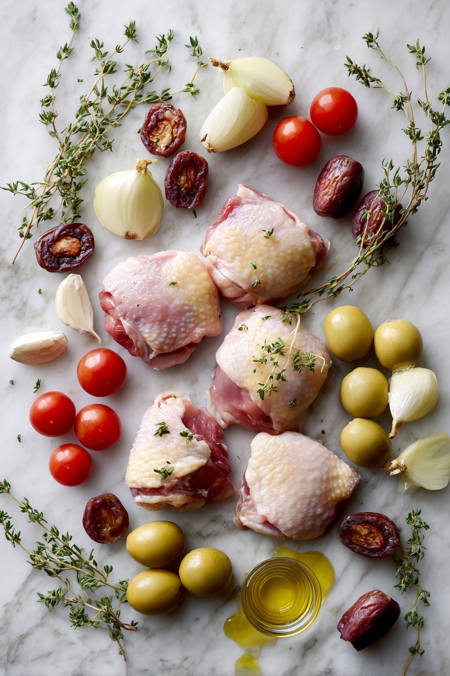 Flat lay of bone-in skin-on chicken thighs, fresh thyme sprigs, peeled garlic cloves, halved shallots, bright red cherry tomatoes, halved pitted dates, green olives, and a small drizzle of golden extra-virgin olive oil, all beautifully arranged in a natural, colorful composition placed on a white marble surface, photo taken with an iphone --ar 2:3 --v 7 - Chicken Provençal with Cherry Tomatoes, Dates, and Olives, Provençal chicken with cherry tomatoes, Mediterranean chicken stew, easy chicken dinner recipes, flavorful chicken recipes