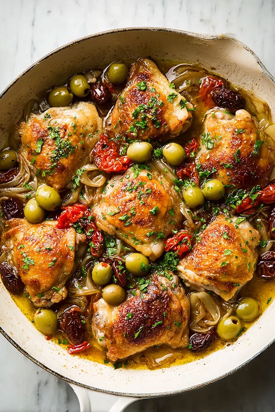 A white pan filled with six golden brown chicken thighs with crispy skin as the top layer, surrounded by bright green olives scattered all over. The second layer includes small roasted cherry tomatoes, whole cloves of garlic, and soft translucent onion pieces resting next to the chicken. Dark brown dates are also spread out, adding another texture beneath the chicken and olives. Fresh chopped green parsley is sprinkled on top, adding a fresh contrast to the warm colors. The dish sits on a white marbled surface. Photo taken with an iphone --ar 2:3 --v 7 - Chicken Provençal with Cherry Tomatoes, Dates, and Olives, Provençal chicken with cherry tomatoes, Mediterranean chicken stew, easy chicken dinner recipes, flavorful chicken recipes