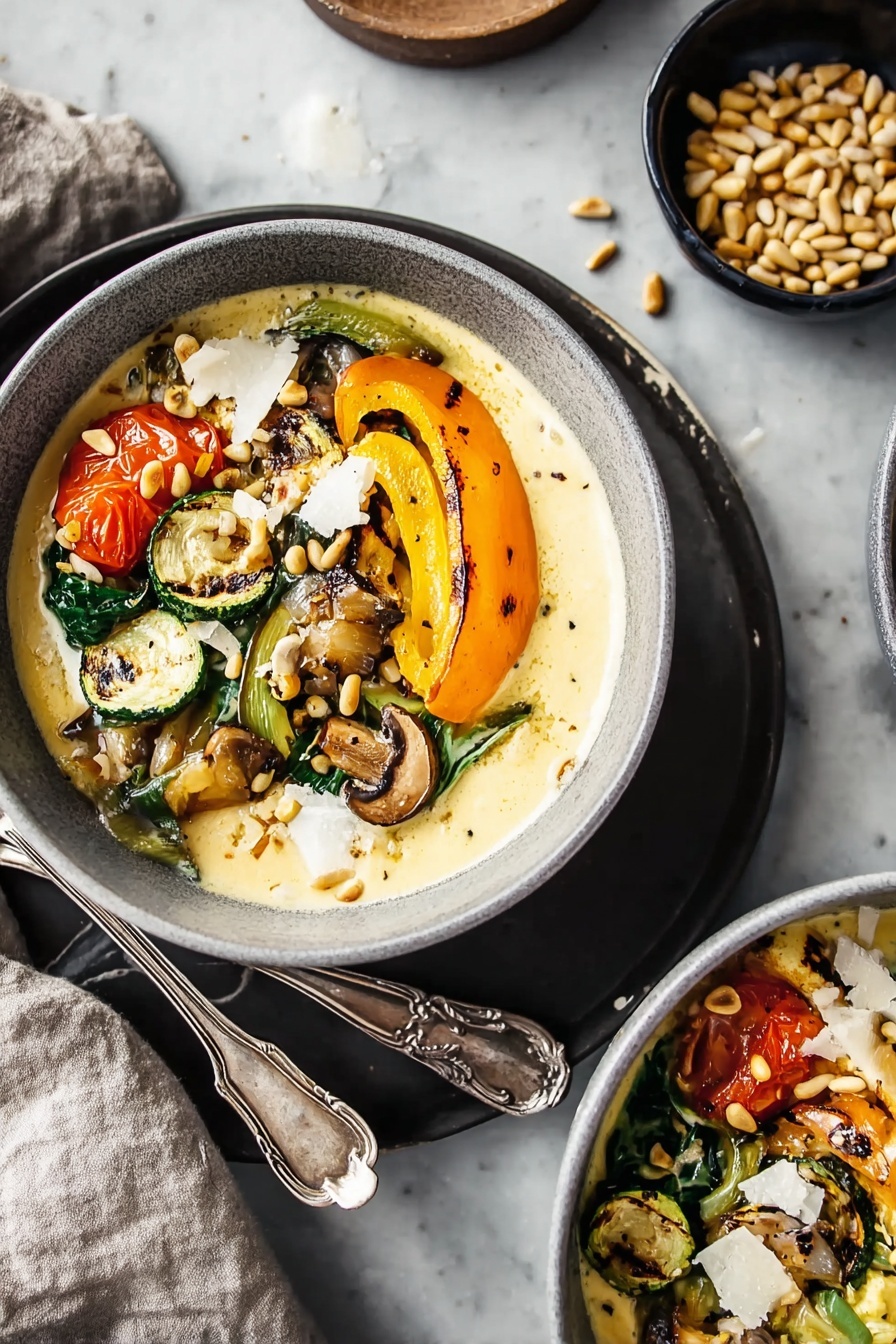 A bowl filled with a creamy yellow polenta base sprinkled with black pepper and pine nuts. On top, there is a colorful mix of vegetables arranged in a row: red roasted tomato, orange bell pepper, grilled mushroom, grilled zucchini, sautéed onions, and green leafy bok choy. Small pieces of white cheese are scattered over the vegetables and polenta. The bowl is white and set on a wooden board with a metal spoon resting next to it. The background has a white marbled texture. Photo taken with an iphone --ar 2:3 --v 7 - Creamy Goat Cheese Polenta with Roasted Ratatouille, goat cheese polenta, roasted ratatouille, vegetarian comfort food, easy Italian side dish