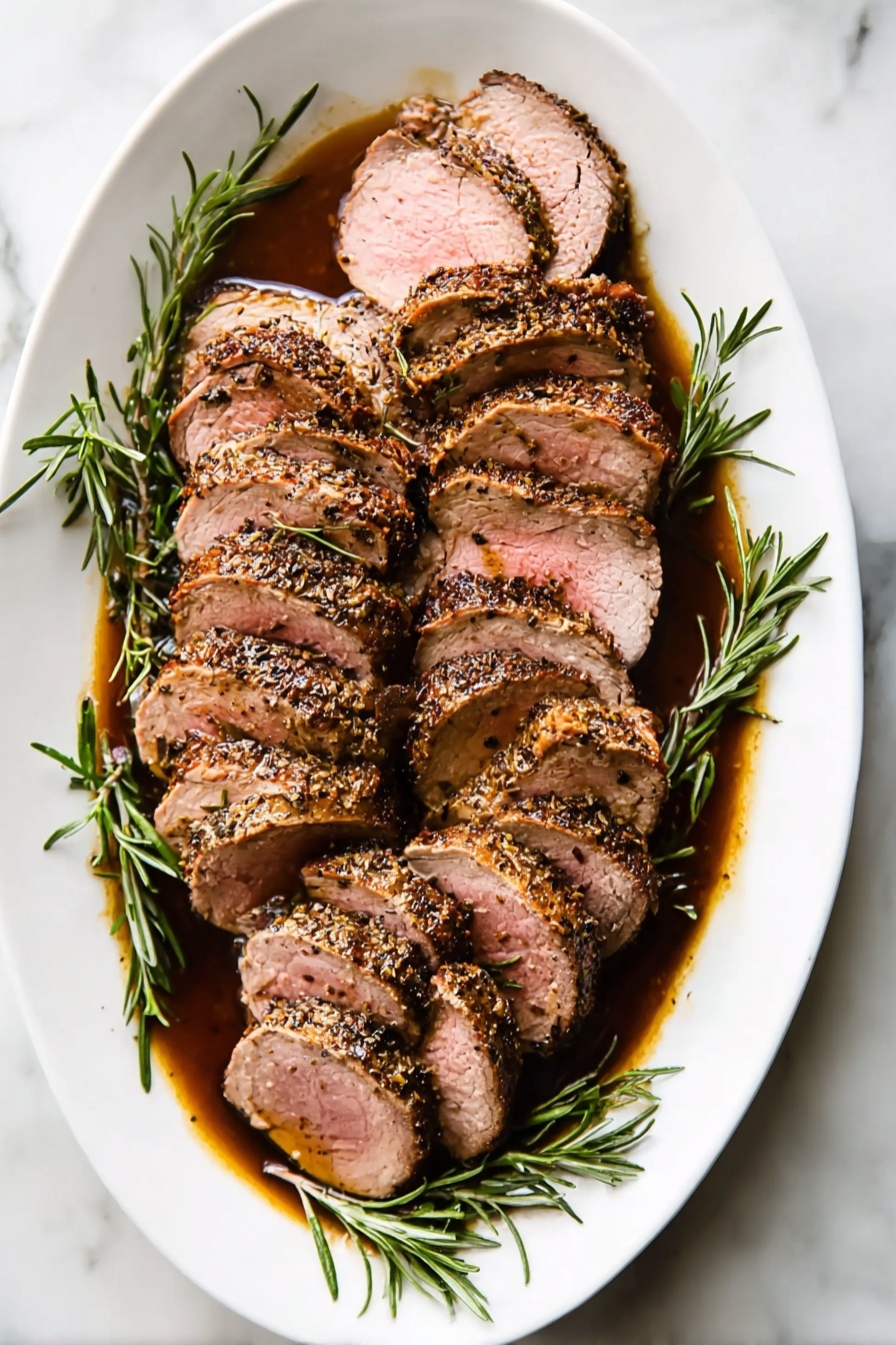 A white plate filled with two layers of sliced cooked meat with brown edges and light pink inside. The slices are arranged overlapping each other across the plate. Small green rosemary sprigs are scattered between and on top of the meat slices, adding color contrast. The plate sits on a white marbled surface. Photo taken with an iphone --ar 2:3 --v 7 - Herb Crusted Pork Tenderloin with Port Wine Sauce, pork tenderloin recipes, elegant pork dishes, port wine sauce recipes, easy gourmet pork dinner