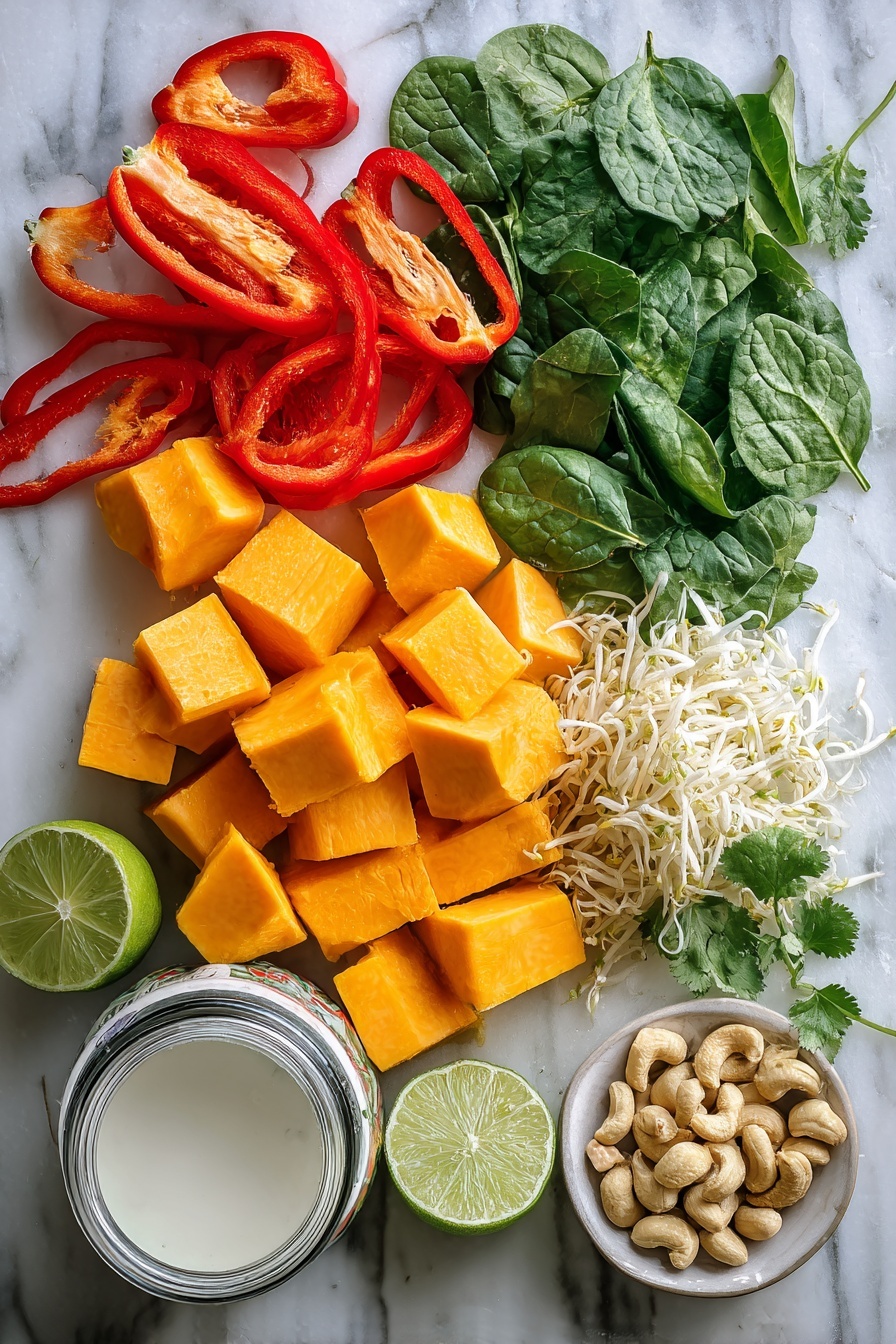Flat lay of vibrant sugar pie pumpkin cubes, bright red bell pepper slices, fresh green baby spinach leaves, shredded boneless skinless chicken breast, a halved lime showing its juicy interior, small piles of toasted cashews, fresh cilantro sprigs, and a can of creamy full-fat coconut milk, all beautifully arranged on a white marble surface, photo taken with an iphone --ar 2:3 --v 7 - Slow Cooker Chicken Pumpkin Curry, Chicken Pumpkin Curry, Easy Slow Cooker Curry, Cozy Fall Dinner Recipes, Healthy Pumpkin Chicken Dish