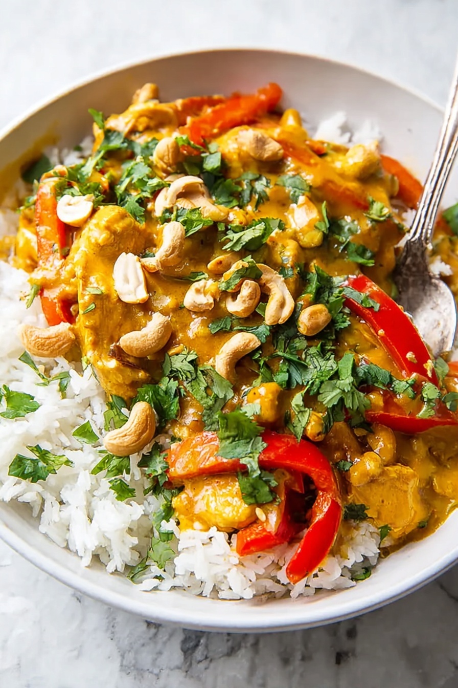 A white bowl filled with three layers: the bottom layer is white rice with visible grains, the middle layer is a thick yellow-orange curry sauce covering pieces of cooked chicken and bright red bell pepper strips, and the top layer is chopped green cilantro and whole cashew nuts scattered evenly. A silver spoon rests partially in the bowl on the rice side. The background is a white marbled texture. Photo taken with an iphone --ar 2:3 --v 7 - Slow Cooker Chicken Pumpkin Curry, Chicken Pumpkin Curry, Easy Slow Cooker Curry, Cozy Fall Dinner Recipes, Healthy Pumpkin Chicken Dish