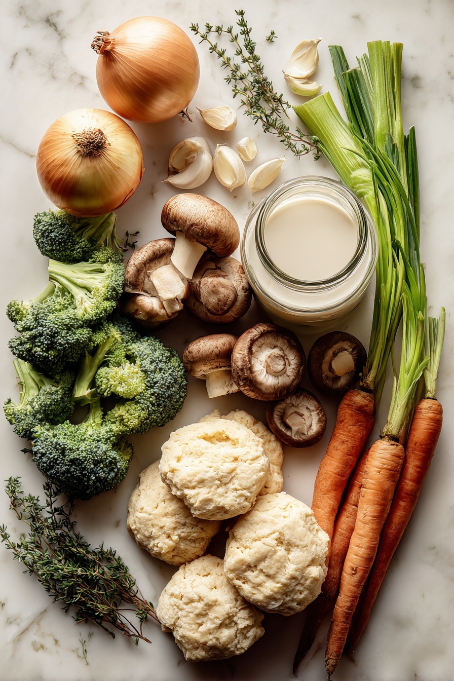 Flat lay of fresh yellow onion, bright orange carrots, crisp celery stalks, earthy brown mushrooms, peeled garlic cloves, vibrant green broccoli florets, creamy whole milk in a small glass jar, fresh thyme sprigs, and a mound of soft biscuit dough, all beautifully arranged on a white marble surface, photo taken with an iphone --ar 2:3 --v 7 - Biscuit Vegetable Pot Pie Casserole,vegetable pot pie with biscuits,comforting vegetable casserole,easy biscuit casserole,homemade vegetable pie