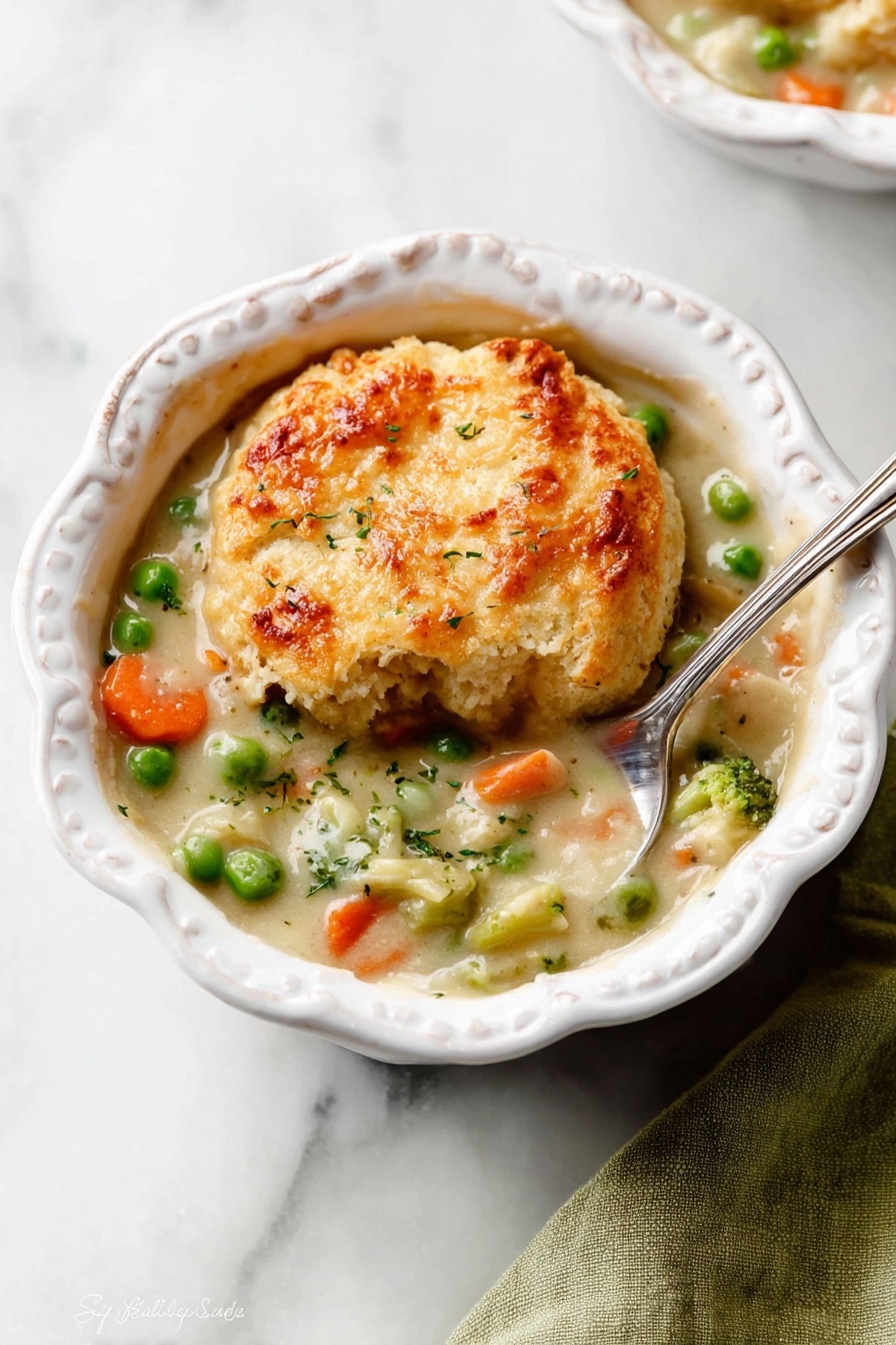 This image shows a baking dish filled with a thick stew base of green peas, orange carrot slices, and small bits of celery in a creamy light beige sauce. On top, there are several large round biscuit-like dumplings with a golden-brown crust and soft, crumbly texture. The dumplings are lightly browned on top with specks of black pepper and bits of green herb inside. The baking dish is white, and the whole scene is on a white marbled surface. Photo taken with an iphone --ar 2:3 --v 7 - Biscuit Vegetable Pot Pie Casserole,vegetable pot pie with biscuits,comforting vegetable casserole,easy biscuit casserole,homemade vegetable pie