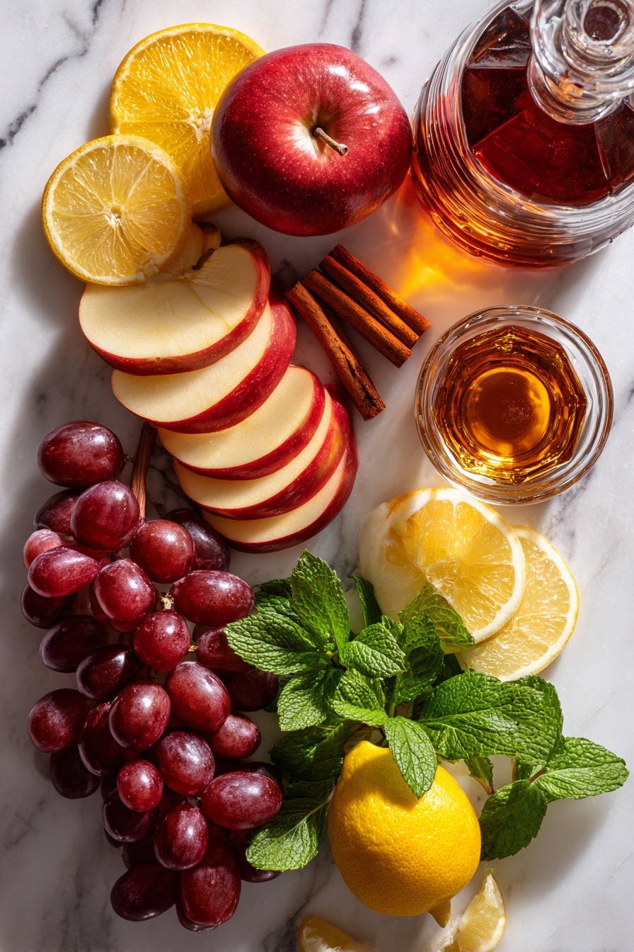 Flat lay of bright red Honeycrisp apple slices, thinly sliced vibrant orange rounds, several warm brown cinnamon sticks scattered around, a small cluster of glossy dark red grapes, a clear glass bottle of deep red wine with a rich ruby hue, a small glass jug filled with golden amber brandy, and fresh lemon wedges arranged with fresh green mint leaves for a pop of color, all placed on a white marble surface, photo taken with an iphone --ar 2:3 --v 7 - Honeycrisp Apple Red Sangria, apple sangria recipe, fall cocktail ideas, fruit infused wine, easy festive drinks