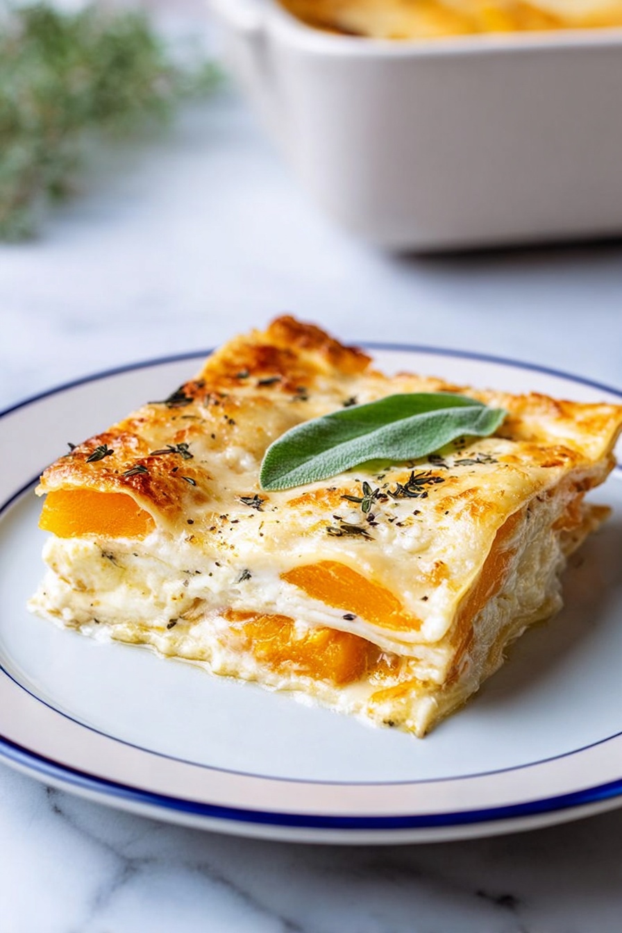 A white rectangular baking dish holds a cheesy layered casserole with three visible layers, topped with a golden-brown melted cheese layer scattered with fresh green herb leaves. The top cheese layer is creamy white with browned spots and sprinkled with small dried herb bits. Below this, a bright yellow-orange layer peeks out near the edges, contrasting with the creamy top. One square piece is partially lifted by a wooden spatula, showing a soft, rich texture inside. The dish sits on a white marbled surface next to a beige cloth and scattered fresh herbs. Photo taken with an iphone --ar 2:3 --v 7 - Butternut Squash Lasagna with Sage, vegetarian butternut squash lasagna, autumn squash lasagna recipe, creamy sage lasagna, cozy fall dinner ideas