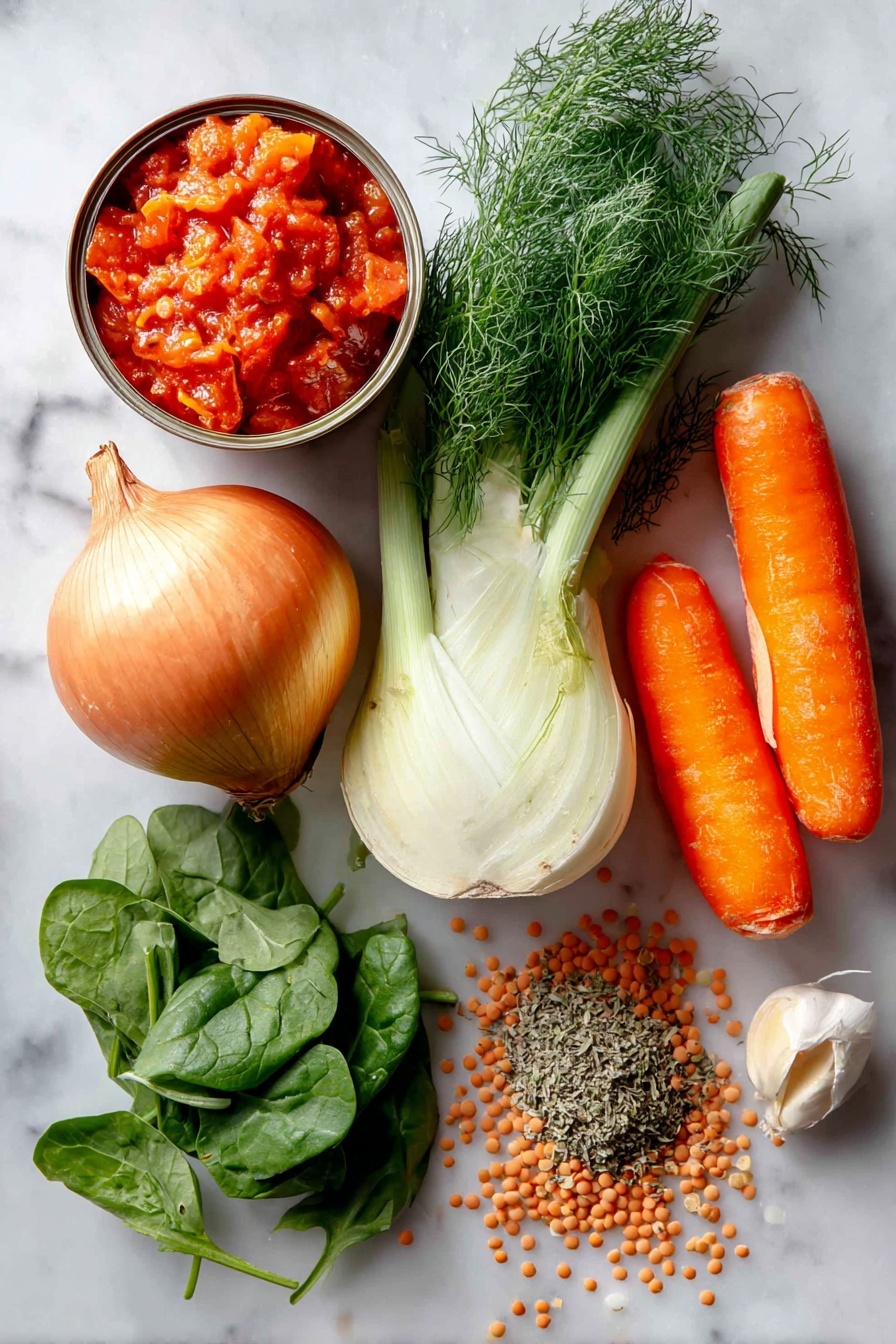 Flat lay of a medium yellow onion, a fresh fennel bulb with feathery fronds, two large bright orange carrots, a single peeled garlic clove, uncooked brown lentils scattered in a small pile, a can of diced fire roasted tomatoes with rich red pieces visible, fresh vibrant baby spinach leaves loosely spread out, and a small mound of dried oregano, placed on a white marble surface, photo taken with an iphone --ar 2:3 --v 7 - Best Lentil Soup, Lentil Soup recipe, hearty lentil soup, easy lentil soup, healthy lentil soup