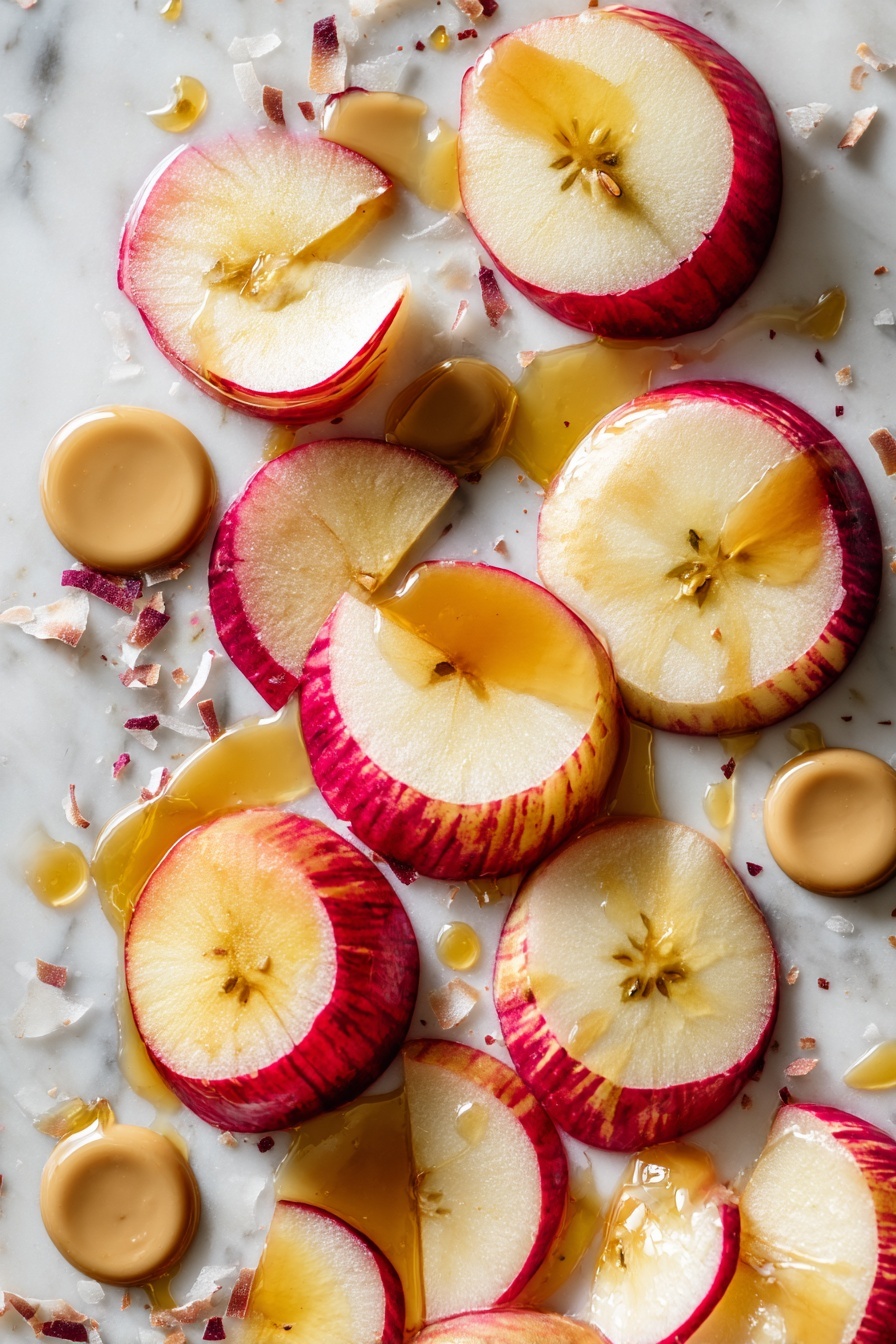 Flat lay of vibrant Honeycrisp apple slices with their glossy red and yellow skin, lightly shredded unsweetened coconut flakes scattered around, smooth almond butter dollops, glistening dark chocolate chips, and small pools of creamy coconut oil, all arranged in an inviting, natural pattern with a touch of maple syrup drizzle catching the light, placed on a white marble surface, photo taken with an iphone --ar 2:3 --v 7 - Apple Samoas, apple samoas snack, healthy samoa-style treats, easy apple desserts, nutty fruit snacks