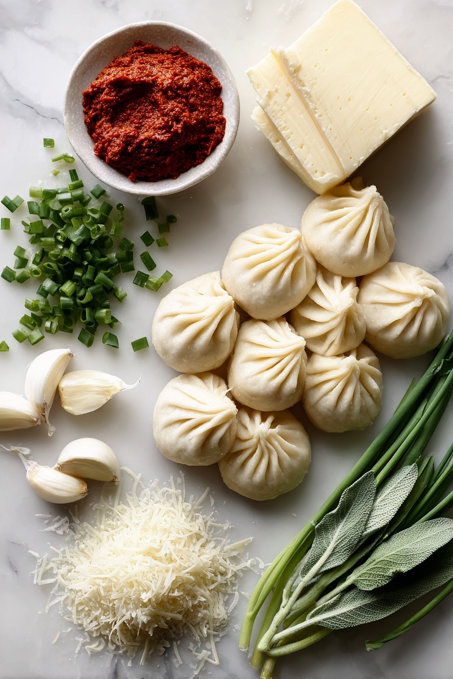 Flat lay of frozen soup dumplings arranged in a crescent shape, a small pile of bright red gochujang paste, fresh green chopped chives scattered around, a few cloves of peeled garlic, a small mound of grated parmesan cheese, a few leaves of fresh sage, and a pat of unsalted butter with a creamy texture, all placed on a white marble surface, photo taken with an iphone --ar 2:3 --v 7 - Soup Dumplings in Creamy Gochujang Sauce, spicy dumpling recipes, Korean-inspired soup dumplings, quick Asian appetizer, flavorful dumpling dishes