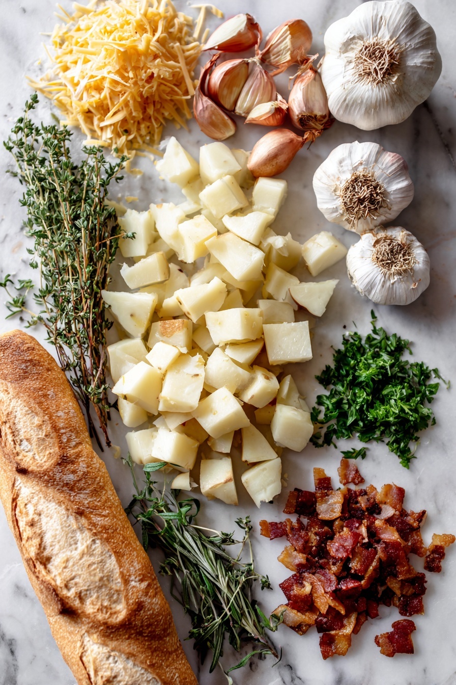 Flat lay of peeled diced waxy potatoes, halved shallots, whole garlic heads with tops cut off, sprigs of dried thyme and rosemary, fresh sprigs of parsley, crispy crumbled bacon, shredded mild cheddar cheese, and a fresh baguette, all beautifully arranged on a white marble surface, photo taken with an iphone --ar 2:3 --v 7 - Easy Roasted Garlic Soup, roasted garlic soup, comforting garlic soup, creamy garlic potato soup, simple garlic soup