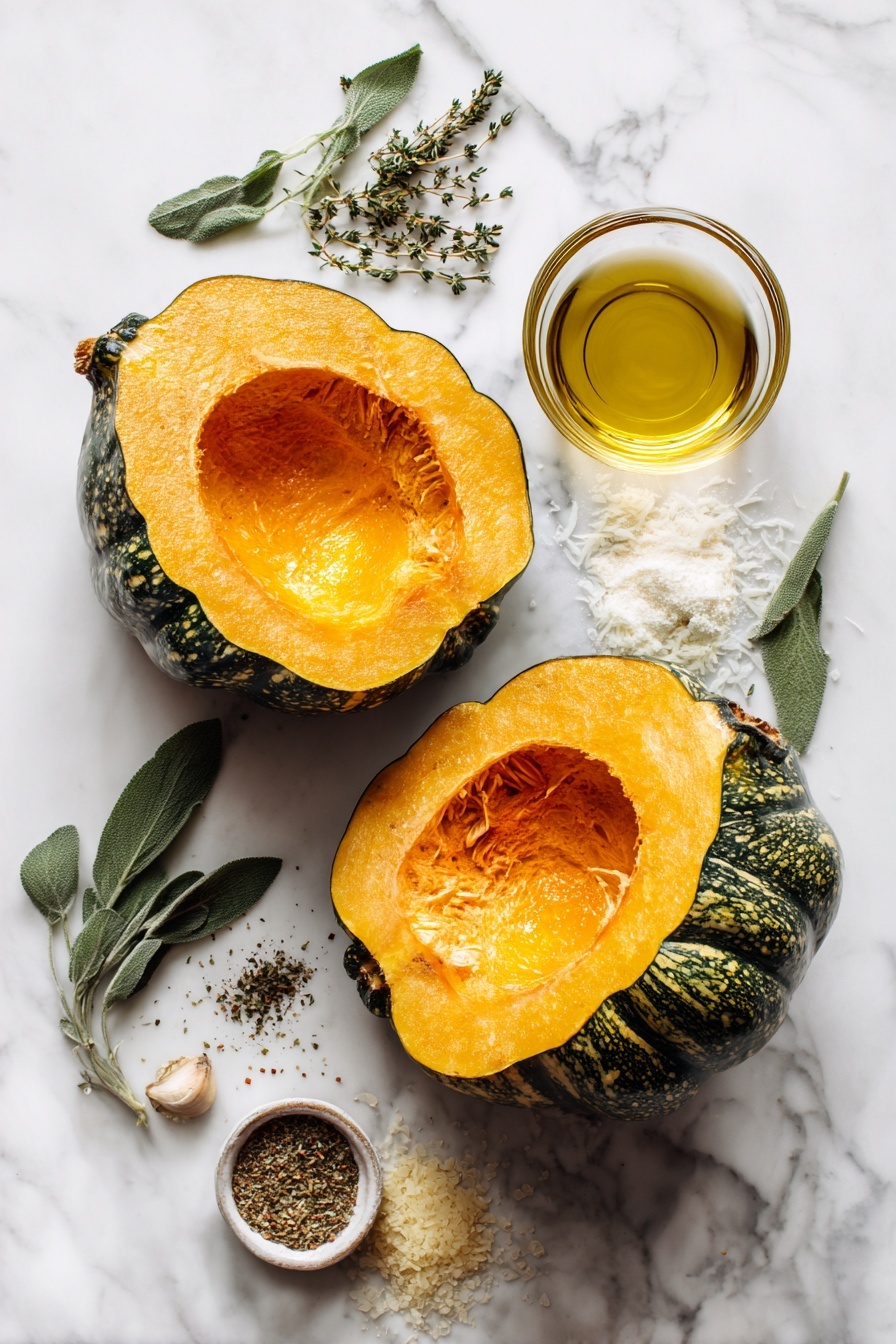 Flat lay of two halved acorn squash with bright orange flesh and green ridged skin, a small heap of finely grated parmesan cheese, dried basil leaves, dried thyme sprigs, dried oregano, garlic powder scattered lightly, and a small glass bowl of golden extra-virgin olive oil, all beautifully arranged with a few fresh herb sprigs for color, placed on a white marble surface, photo taken with an iphone --ar 2:3 --v 7 - Parmesan Herb Roasted Acorn Squash, roasted acorn squash with herbs and cheese, healthy fall vegetable side dish, easy roasted squash recipe, flavorful acorn squash preparation