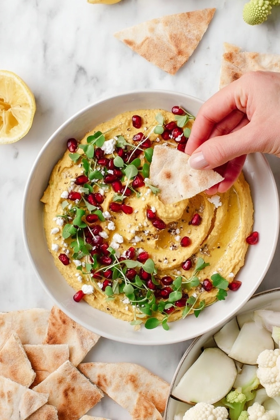 A white bowl filled with smooth, creamy yellow hummus spread evenly in a circular pattern, topped with small bright red pomegranate seeds scattered around, white crumbly cheese bits, and fresh green microgreens spread evenly on top. A woman's hand is dipping a pale beige pita chip with crinkled edges into the hummus. Around the bowl are triangular pieces of pita bread in light tan color and slices of a white vegetable with dark edges arranged in a semi-circle on a white marbled surface. Pieces of light green romanesco cauliflower and a half lemon are also visible nearby. Photo taken with an iphone --ar 2:3 --v 7 - Butternut Squash Hummus, roasted squash dip, holiday party dip, pomegranate feta hummus, healthy veggie dip