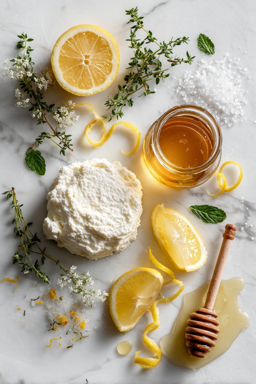 Flat lay of fresh whole milk ricotta cheese in a soft mound, a small glass jar of golden honey with a honey dipper resting beside it, a bright yellow lemon cut into wedges with scattered lemon zest curls, sprigs of fresh green thyme leaves artfully placed around, a small pile of flaky sea salt crystals shimmering under the light, and a thin stream of extra-virgin olive oil gently drizzled across the scene, all arranged beautifully on a white marble surface, photo taken with an iphone --ar 2:3 --v 7 - Whipped Ricotta with Honey, Lemon Zest, and Thyme on Crostini, ricotta appetizer with honey and lemon, easy gourmet crostini ideas, quick crowd-pleasing starters, elegant finger food recipes