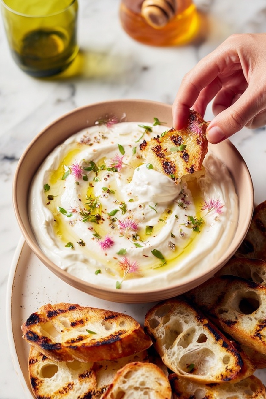 A bowl with thick, creamy white yogurt swirled smoothly, topped with small green herb leaves and tiny pink flower petals, along with a drizzle of light golden olive oil creating shiny spots on the surface. In the yogurt, a grilled slice of light brown bread with dark grill marks is being dipped by a woman's hand pinching it gently. Nearby, a white plate holds more grilled bread slices, showing a mix of golden brown with darker, toasted edges and holes in the crumb texture. The scene is set on a white marbled surface with a glass jar holding honey and a small green glass cup partially visible. photo taken with an iphone --ar 2:3 --v 7 - Whipped Ricotta with Honey, Lemon Zest, and Thyme on Crostini, ricotta appetizer with honey and lemon, easy gourmet crostini ideas, quick crowd-pleasing starters, elegant finger food recipes