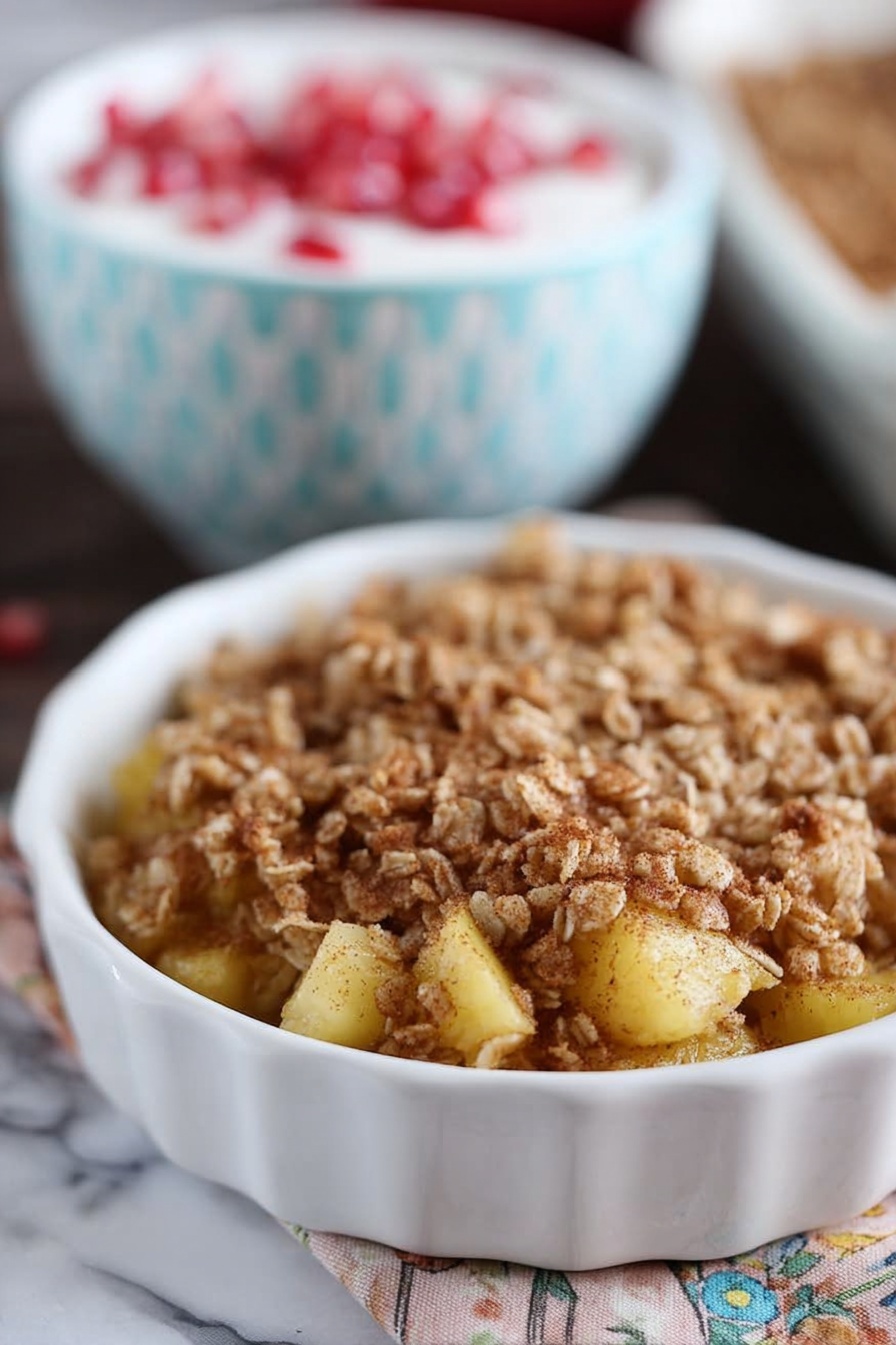 In the image, there is a round white ceramic dish filled with a crumbly apple oat mixture. The dish shows two distinct layers: the bottom layer is small chunks of yellow apple pieces, and the top layer is a golden brown oat crumble made of oats mixed with cinnamon or spices. The surface underneath the dish is a dark wood table with a multi-colored cloth napkin underneath. In the background, slightly blurred, there is a white bowl with a light blue geometric pattern filled with white yogurt and red pomegranate seeds. The whole setting is on a white marbled surface. photo taken with an iphone --ar 2:3 --v 7 - Amish-Style Apple and Cinnamon Baked Oatmeal, healthy baked oatmeal with apples and cinnamon, cozy breakfast recipes, easy apple breakfast ideas, hearty oatmeal bake
