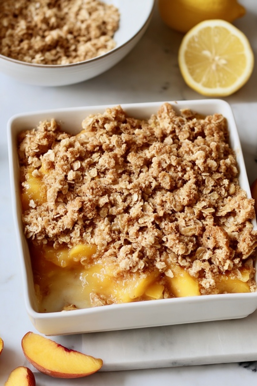 A white bowl holds three main layers: the bottom layer is golden brown cooked apple pieces with a soft texture, the middle layer is a crumbly oat and brown sugar topping with a rough texture, and the top layer is a large round scoop of smooth white vanilla ice cream slowly melting over the warm fruit and crumbs. A metal spoon rests inside the bowl, partially scooping up the apple crumble. The bowl is placed on a white marbled surface. photo taken with an iphone --ar 2:3 --v 7 - Easy Apple Crisp, apple crisp dessert, quick apple crisp, healthy apple crisp, easy apple crisp recipe