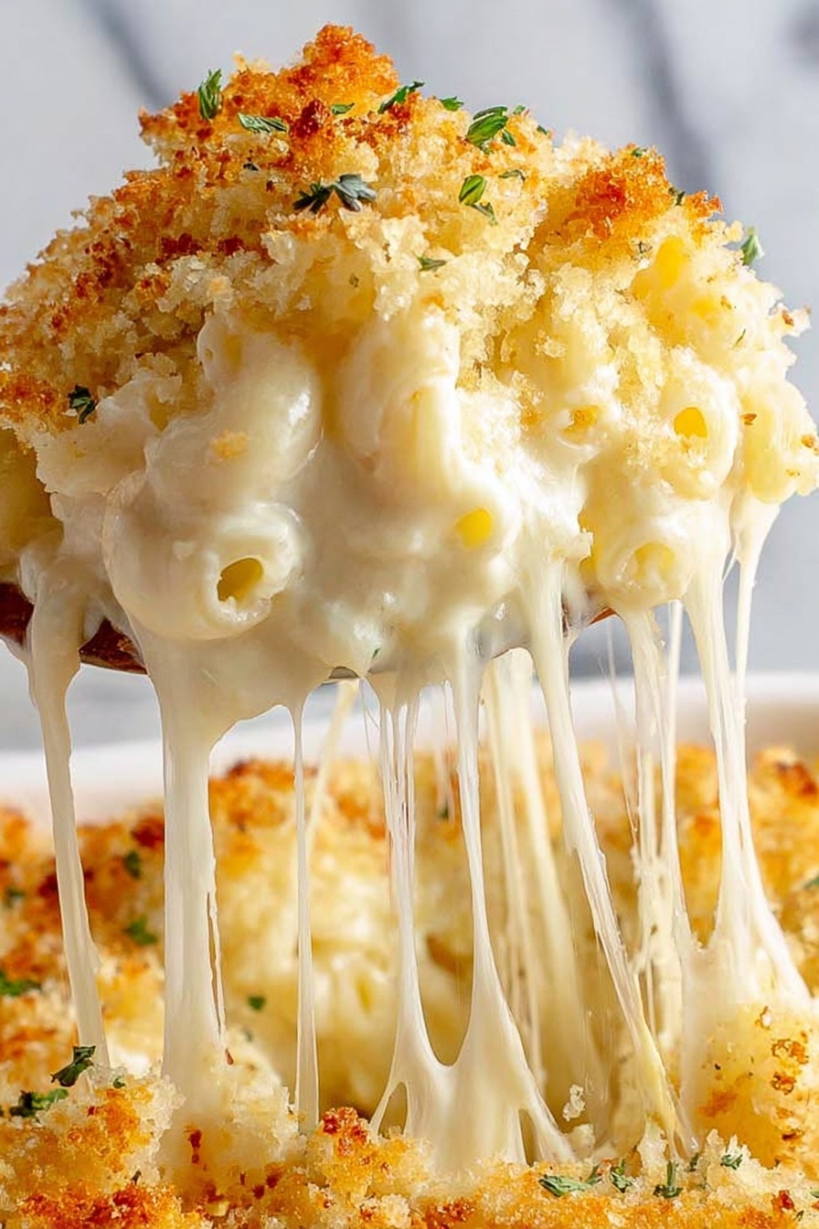 A close-up view of a black bowl filled with creamy macaroni and cheese. The dish has two main layers: the bottom layer is soft macaroni pasta covered in a smooth, white cheese sauce, and the top layer is golden brown toasted breadcrumbs with small green herb bits sprinkled throughout. A silver spoon is placed inside the bowl, scooping some of the macaroni. The background features a white marbled texture with a soft beige cloth visible in the top left corner. Photo taken with an iphone --ar 2:3 --v 7 - Baked Mac and Cheese, cheesy baked macaroni and cheese, creamy baked mac and cheese, crispy topping mac and cheese, easy baked mac and cheese
