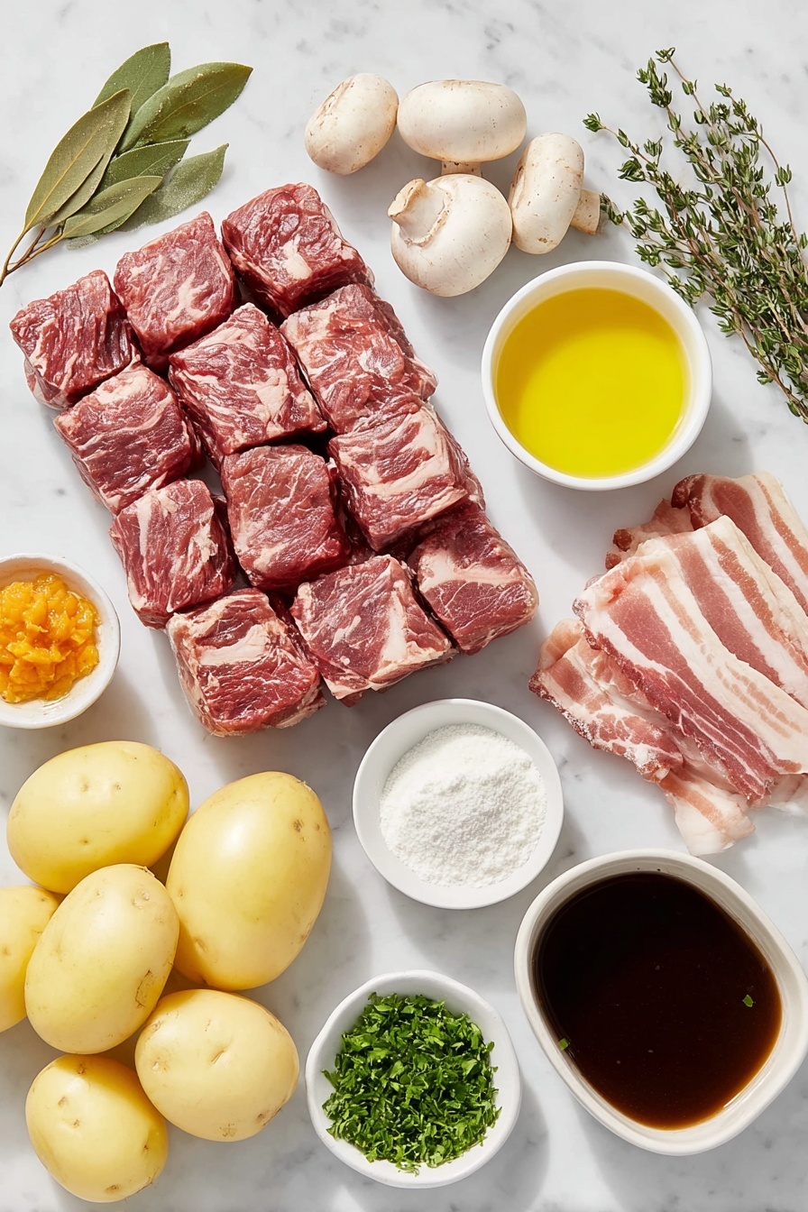 Flat lay of a thick slab of chuck beef cut into chunky cubes with visible marbling of fat, two large fresh carrots cut diagonally into chunky pieces, a cluster of small round pearl onions with pale glossy skins, three fresh green sprigs of thyme, a single fresh bay leaf with a smooth deep green surface, a handful of halved cremini mushrooms with light brown caps, a piece of raw bacon cut into thick batons showing pink meat and white fat, three whole garlic cloves with clean white papery skins, a small mound of smooth red tomato paste on a white ceramic plate, a small white bowl filled with plain all-purpose flour, a small white bowl containing golden olive oil, a small white bowl holding deep red pinot noir wine, a small white bowl of rich brown homemade beef stock, and a small pile of freshly chopped bright green parsley, all arranged with perfect symmetry on a clean white marble surface, soft natural light, photo taken with an iPhone, professional food photography style, fresh ingredients, white ceramic bowls, no bottles, no duplicates, no utensils, no packaging --ar 2:3 --v 7 --p awthu7i m7354615311229779997 - Beef Bourguignon, Beef Burgundy, French beef stew, classic French recipes, hearty French stew