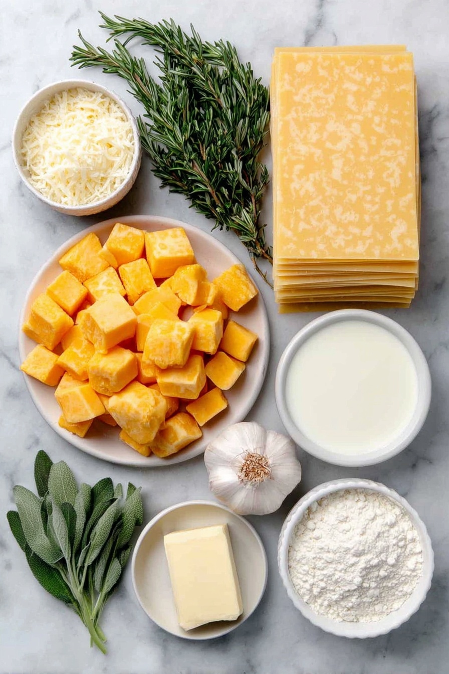 Flat lay of a small pile of fresh cubed butternut squash with bright orange color, a few sprigs of fresh green rosemary and sage, a whole bulb of garlic with several cloves visible, three whole uncracked brown eggs, a small mound of finely grated Parmesan cheese, a small white ceramic bowl of heavy cream, a small white ceramic bowl of creamy 2% milk, a small white ceramic bowl of golden olive oil, four uncooked flat sheets of no-boil lasagne pasta neatly stacked, a small white ceramic bowl of soft unsalted butter, and a small white ceramic bowl of pale all-purpose flour, all arranged symmetrically on a clean white marble surface, soft natural light, photo taken with an iPhone, professional food photography style, fresh ingredients, white ceramic bowls, no bottles, no duplicates, no utensils, no packaging --ar 2:3 --v 7 --p awthu7i m7354615311229779997 - Roasted Butternut Squash Lasagna, vegetarian lasagna with butternut squash, easy butternut squash lasagna, hearty roasted squash pasta bake, cozy fall lasagna