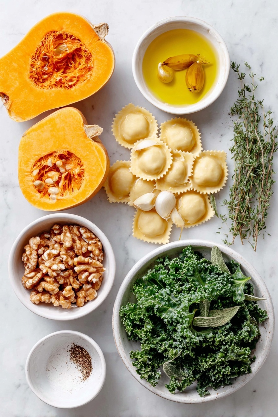 Flat lay of a small halved butternut squash with smooth orange flesh and seeds visible, three peeled garlic cloves, a medium shallot roughly chopped into pale purple chunks, a small pile of loose fresh green sage leaves, a few sprigs of fresh thyme with tiny green leaves, finely chopped walnuts in a small white ceramic bowl, a few uncracked brown eggs, a small white bowl filled with golden extra-virgin olive oil, a small white bowl containing clear pale apple cider vinegar, a pinch of ground nutmeg sprinkled neatly on white ceramic, fresh sea salt crystals in a small white dish, freshly ground black pepper scattered subtly on the surface, sheets of fresh pale yellow homemade ravioli pasta dough laid flat, and a small mound of bright green sautéed kale leaves, arranged with perfect symmetry and balanced proportions, placed on a clean white marble surface, soft natural light, photo taken with an iPhone, professional food photography style, fresh ingredients, white ceramic bowls, no bottles, no duplicates, no utensils, no packaging --ar 2:3 --v 7 --p awthu7i m7354615311229779997 - Butternut Squash Ravioli with Sage Walnut Sauce, homemade ravioli recipes, fall pasta recipes, seasonal squash pasta, vegetarian ravioli dishes