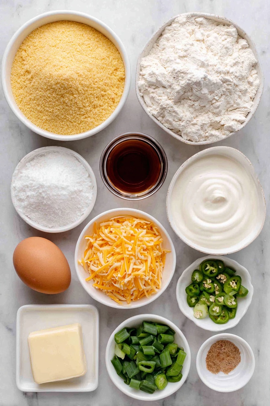 Flat lay of a small mound of golden yellow cornmeal, a neat pile of pale all-purpose flour, a few scattered sea salt crystals, a tiny heap of white baking powder, a pinch of baking soda, a small white ceramic bowl filled with creamy almond milk, one whole large brown egg with a clean shell, a small white bowl of amber maple syrup, a small white bowl of golden extra-virgin olive oil, fresh green scallions whole and chopped, a small pile of bright green seeded jalapeño peppers diced, a small mound of vivid orange shredded cheddar cheese, and a small pat of pale yellow butter placed on a simple white ceramic dish, all arranged in perfect symmetry on a clean white marble surface, soft natural light, photo taken with an iPhone, professional food photography style, fresh ingredients, white ceramic bowls, no bottles, no duplicates, no utensils, no packaging --ar 2:3 --v 7 --p awthu7i m7354615311229779997 - Spicy Jalapeño Cornbread with Cheddar, Jalapeño Cornbread, Cheddar Cornbread, Spicy Cornbread, Cornbread with Jalapeños and Cheddar