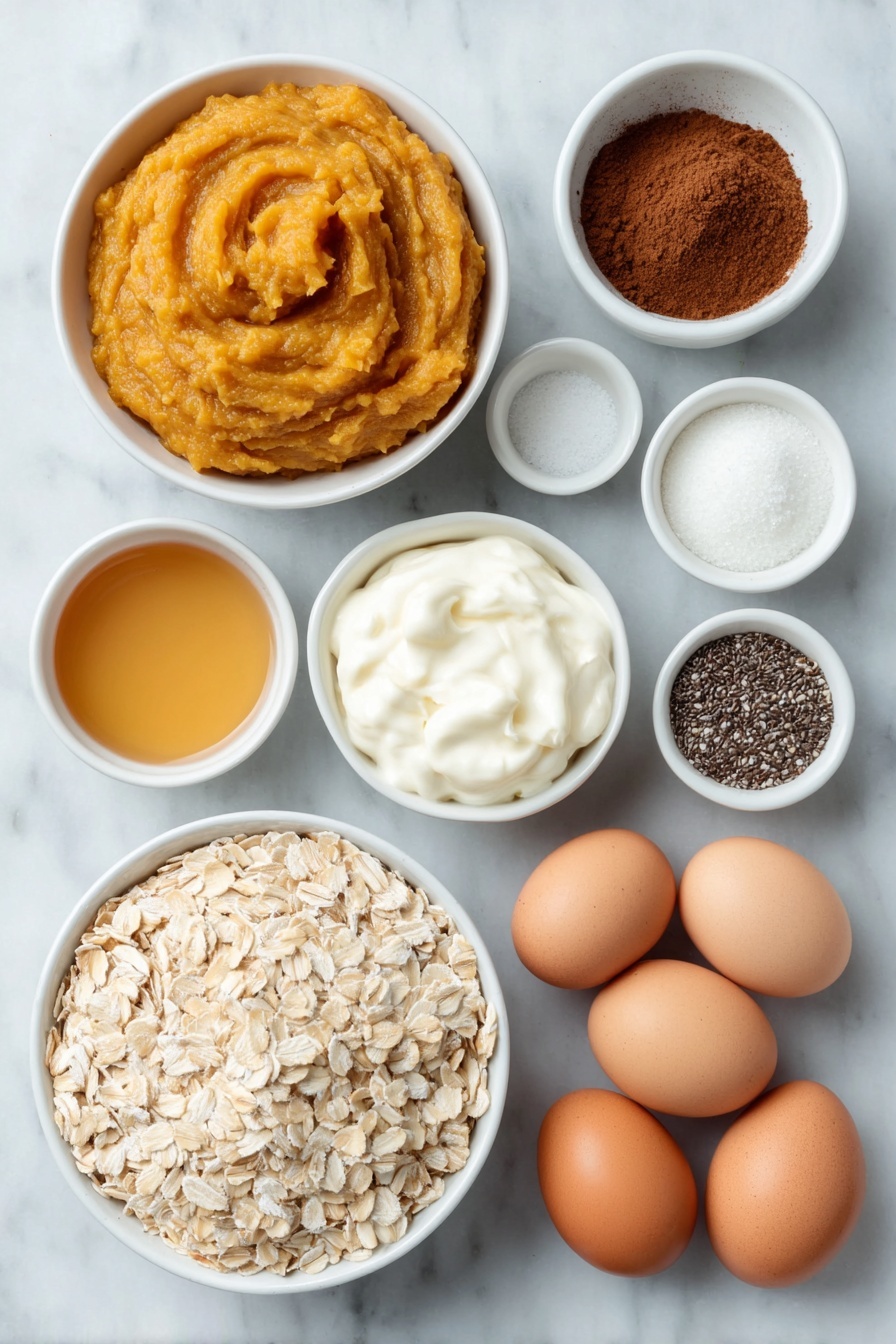 Flat lay of a small white ceramic bowl of fresh pumpkin puree, a small white ceramic bowl filled with golden maple syrup, a small white ceramic bowl of fine light brown sugar, a small white ceramic bowl holding rich dark instant espresso powder, a small white ceramic bowl containing warm brown pumpkin pie spice, a small white ceramic bowl with smooth vanilla Greek yogurt, a small white ceramic bowl of creamy milk, a neatly heaped pile of old-fashioned rolled oats, a small white ceramic bowl with tiny black chia seeds, a small cluster of whole uncracked brown eggs arranged symmetrically, placed on a clean white marble surface, soft natural light, photo taken with an iPhone, professional food photography style, fresh ingredients, white ceramic bowls, no bottles, no duplicates, no utensils, no packaging --ar 2:3 --v 7 --p awthu7i m7354615311229779997 - Pumpkin Spice Overnight Oats, healthy pumpkin breakfast, easy fall breakfast, overnight oats with pumpkin, pumpkin spice breakfast ideas