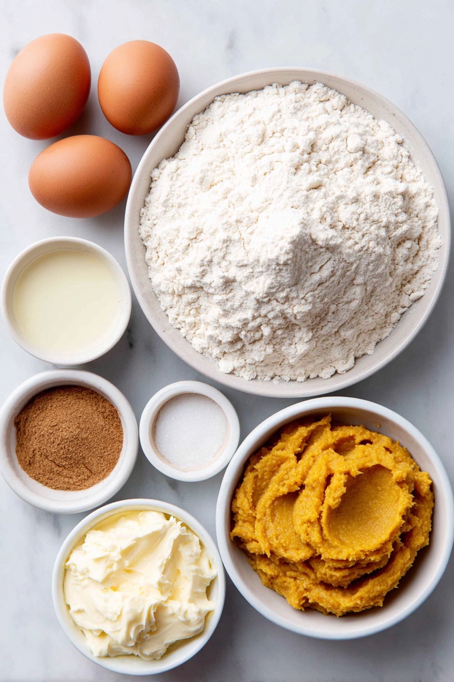 Flat lay of a small mound of all purpose flour on a simple white ceramic plate, a small white bowl filled with light brown sugar, a small white bowl containing vibrant orange pumpkin puree, two whole uncracked brown eggs, a small white bowl of pale golden neutral oil, a small white bowl of creamy milk, a small white bowl holding a golden-brown mixture of pumpkin pie spice, a pinch of kosher salt arranged neatly beside the spice bowl placed on a clean white marble surface, soft natural light, photo taken with an iPhone, professional food photography style, fresh ingredients, white ceramic bowls, no bottles, no duplicates, no utensils, no packaging --ar 2:3 --v 7 --p awthu7i m7354615311229779997 - Pumpkin Waffles, Pumpkin Waffles Recipe, Fall Breakfast Ideas, Easy Pumpkin Waffles, Pumpkin Pancake Waffles