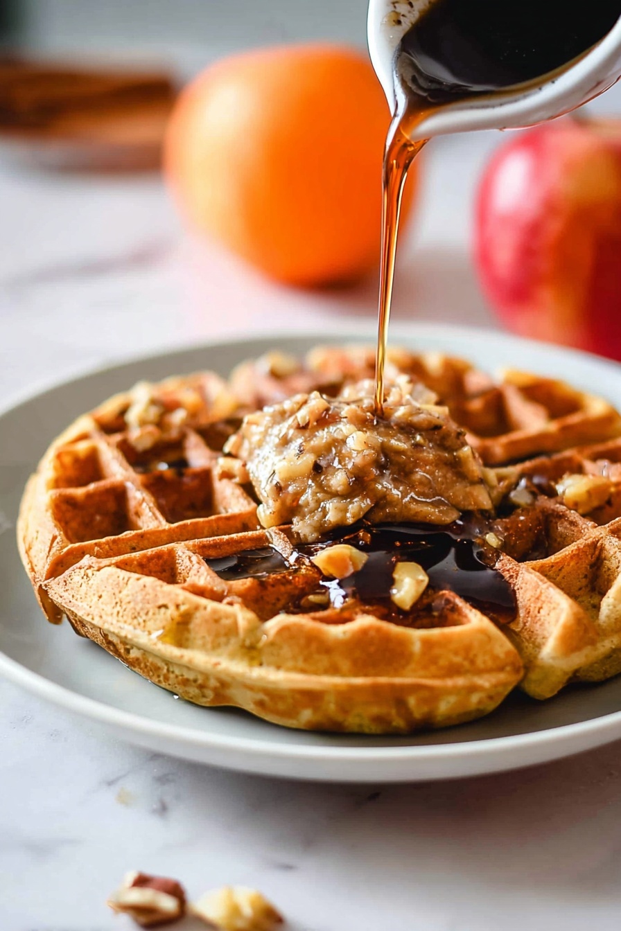Two thick waffle pieces with a golden brown color sit on a white plate with a thin blue rim. The waffles have a textured grid pattern filled with syrup and a dollop of nut butter on top, which looks creamy and slightly chunky. A silver spoon with syrup is pouring a thin stream of syrup onto the front waffle, making it glisten. A white-handled fork rests next to the waffles. The background is blurred with warm tones and some fruits in soft focus. The surface beneath the plate is a white marbled texture. photo taken with an iphone --ar 2:3 --v 7 - Pumpkin Waffles, Pumpkin Waffles Recipe, Fall Breakfast Ideas, Easy Pumpkin Waffles, Pumpkin Pancake Waffles
