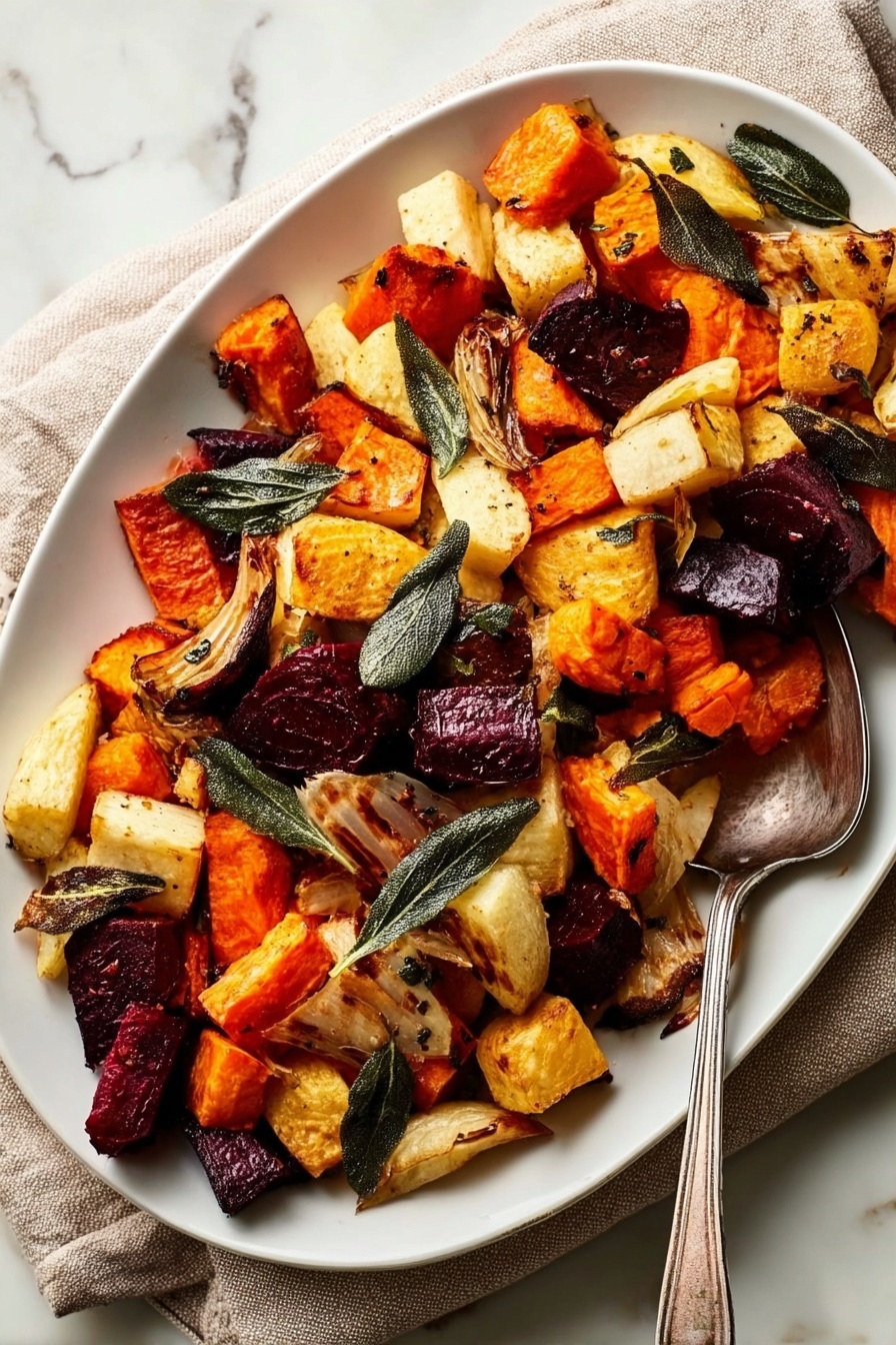 A white oval plate filled with a colorful mix of roasted root vegetables, including orange sweet potato chunks, deep purple beet pieces, yellow parsnip slices, and bright orange carrot rounds, all roasted to a slightly caramelized texture. Fresh green sage leaves are scattered on top, adding a fresh contrast to the warm tones of the vegetables. A silver spoon with a simple handle rests on the right edge of the plate. The dish sits on a white marbled surface with a beige cloth napkin partially visible in the upper right corner. Photo taken with an iphone --ar 2:3 --v 7 - Roasted Root Vegetables with Crispy Sage, roasted root vegetable side dish, earthy roasted veggie recipe, crispy sage topping, seasonal roasted vegetable