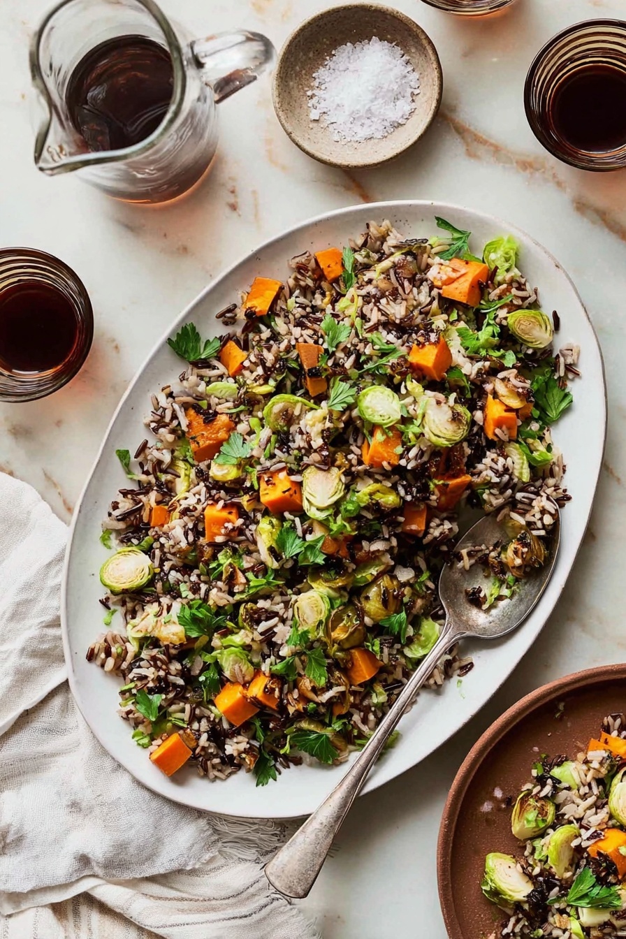 A large white oval plate holds a salad made of three main layers: the bottom layer is made of mixed rice including wild and brown rice with a slightly shiny and crunchy texture; the middle layer shows bright orange roasted sweet potato pieces with a soft and roasted texture spread widely across the rice; the top layer includes thin light green Brussels sprout slices and fresh green parsley leaves scattered evenly to add crispness and color contrast. Near the top edge of the plate, a tarnished silver spoon rests partially inside the salad, picking up some rice, sweet potato, and Brussels sprouts. The plate sits on a white marbled surface alongside a brown round plate carrying a smaller serving of the same salad. There is a small bowl filled with white coarse salt towards the left and two glass cups—one filled with dark liquid and the other with bubbles—toward the top right. A clear glass pitcher of water is also near the top left corner. Part of a white cloth with thin gray stripes lies near the bottom right. Photo taken with an iphone --ar 2:3 --v 7 - Wild Rice Pilaf with Sweet Potatoes and Cranberries, healthy wild rice dish, festive side dish recipes, cozy fall dinner ideas, easy holiday sides