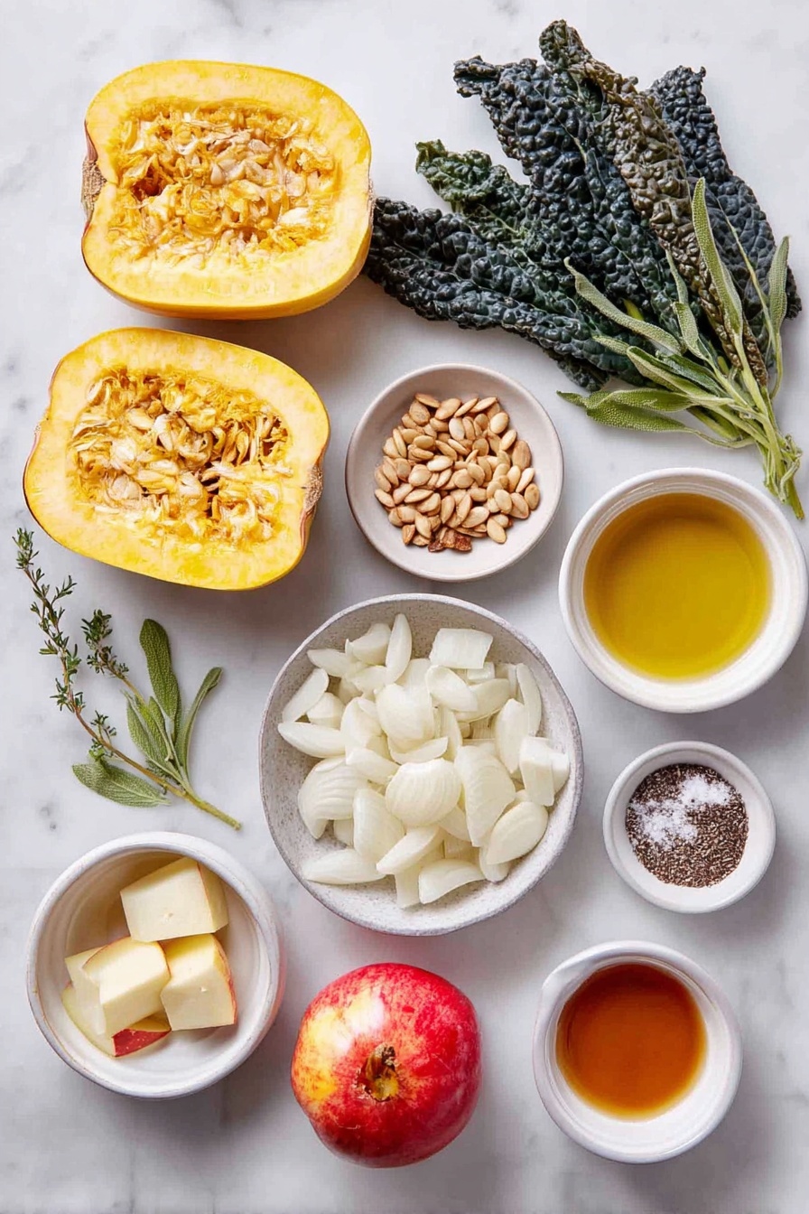 Flat lay of a fresh delicata squash cut into thick half-moon pieces, a small pile of halved pearl onions, a handful of glossy pepitas and pine nuts mixed together, several torn dark green lacinato kale leaves, a few chopped sage leaves, fresh thyme sprigs with vibrant green leaves, one small diced gala apple with bright red and yellow skin, a small white ceramic bowl with golden extra-virgin olive oil, a small white ceramic bowl containing amber apple cider vinegar, a tiny bowl with finely minced garlic, a separate bowl with smooth pale Dijon mustard, a very small bowl holding light amber maple syrup, and a simple white ceramic bowl sprinkled with coarse sea salt and cracked black pepper, all arranged symmetrically on a clean white marble surface, soft natural light, photo taken with an iPhone, professional food photography style, fresh ingredients, white ceramic bowls, no bottles, no duplicates, no utensils, no packaging --ar 2:3 --v 7 --p awthu7i m7354615311229779997 - Roasted Delicata Squash and Apple Salad, Delicata Squash Salad, Fall Vegetable Salad, Roasted Squash and Apple Recipe, Easy Seasonal Salad