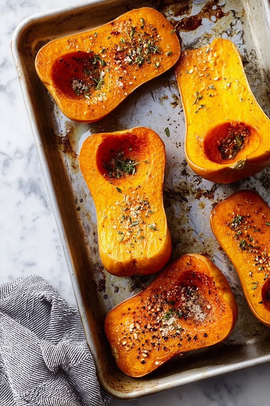 The image shows a metal baking tray with six halves of roasted butternut squash arranged loosely across it. Three halves have the deeper orange flesh side up, revealing a soft texture with some herbs and blackened bits sprinkled across for seasoning. The other three halves are flipped, showing the golden-brown skin side with a smooth, slightly shiny surface and some specks of seasoning. The tray has some oily spots and small burnt bits around the squash. Under the tray, a part of a grey and white striped cloth is visible on a white marbled surface. photo taken with an iphone --ar 2:3 --v 7 - Roasted Honeynut Squash with Ricotta and Walnuts, roasted honeynut squash recipe, easy autumn squash dishes, cozy vegetable side dishes, healthy seasonal squash recipes