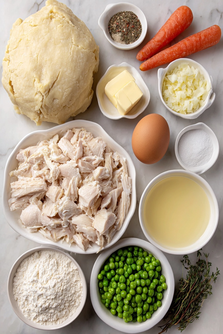 Flat lay of a small mound of pale yellow homemade pie crust dough disk, a pile of cubed raw boneless skinless chicken breast, two bright orange carrots sliced into rounds, several fresh celery stalks sliced lengthwise and crosswise, a small pat of unsalted butter, a handful of chopped yellow onion, a single peeled garlic clove minced, a small white bowl of all-purpose flour, a small white bowl of coarse salt, a small white bowl of freshly ground black pepper, a few sprigs of fresh dried thyme leaves, a small white bowl filled with golden chicken broth, a small white bowl with creamy half-and-half, a small pile of vibrant frozen green peas, one whole large brown egg with a smooth shell, a small white bowl with milk, and a few fresh green thyme sprigs for garnish, all arranged symmetrically on simple white ceramic dishes, placed on a clean white marble surface, soft natural light, photo taken with an iPhone, professional food photography style, fresh ingredients, white ceramic bowls, no bottles, no duplicates, no utensils, no packaging --ar 2:3 --v 7 --p m7354615311229779997 - Creamy Chicken Pot Pie, chicken pot pie recipe, homemade chicken pot pie, comforting chicken pie, flaky chicken pot pie