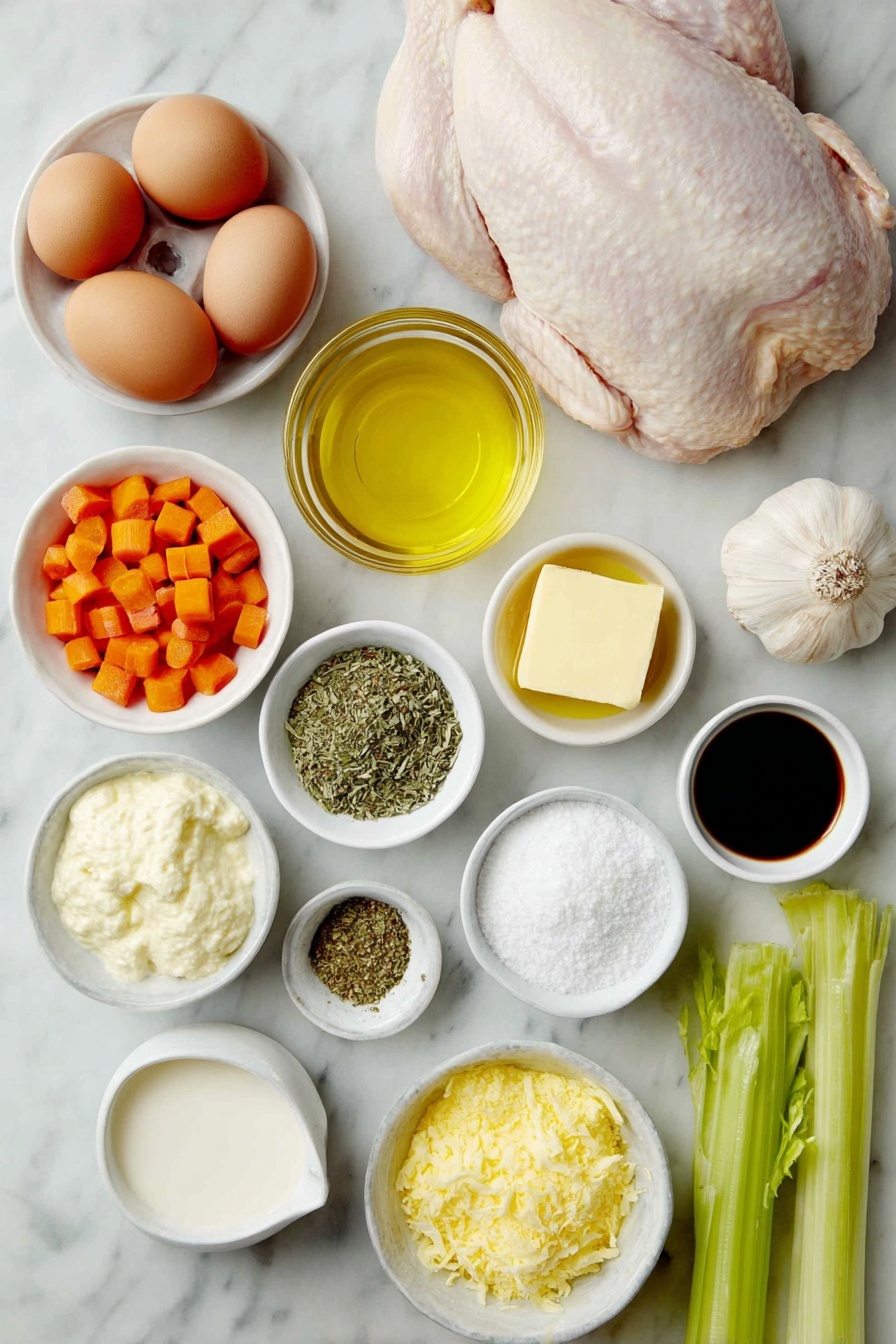 Flat lay of a raw bone-in skinless chicken breast with natural pink and white tones, a small mound of whole uncracked brown eggs, a few fresh bright orange diced carrots, two crisp green celery stalks with leaves, a small whole yellow onion, three peeled garlic cloves, a small white ceramic bowl of golden olive oil, a small white ceramic bowl of creamy melted butter, a small white ceramic bowl filled with white cake flour, a small white ceramic bowl with coarse granulated sugar, a small white ceramic bowl of cold milk, a small white ceramic bowl of pale sour cream, a small white ceramic bowl of light beige chicken broth, a small white ceramic bowl of frozen green peas, a small white ceramic bowl of mixed dried herbs (basil, parsley, thyme, rosemary, mustard powder, sage, pepper), a small white ceramic bowl containing bright reddish hot sauce, and a small white ceramic bowl with dark brown Worcestershire sauce, all neatly arranged in perfect symmetry on a clean white marble surface, soft natural light, photo taken with an iPhone, professional food photography style, fresh ingredients, white ceramic bowls, no bottles, no duplicates, no utensils, no packaging --ar 2:3 --v 7 --p m7354615311229779997 - Easy Chicken and Dumplings, comforting chicken and dumplings, homemade chicken and dumplings, tender chicken and fluffy dumplings, quick chicken and dumplings