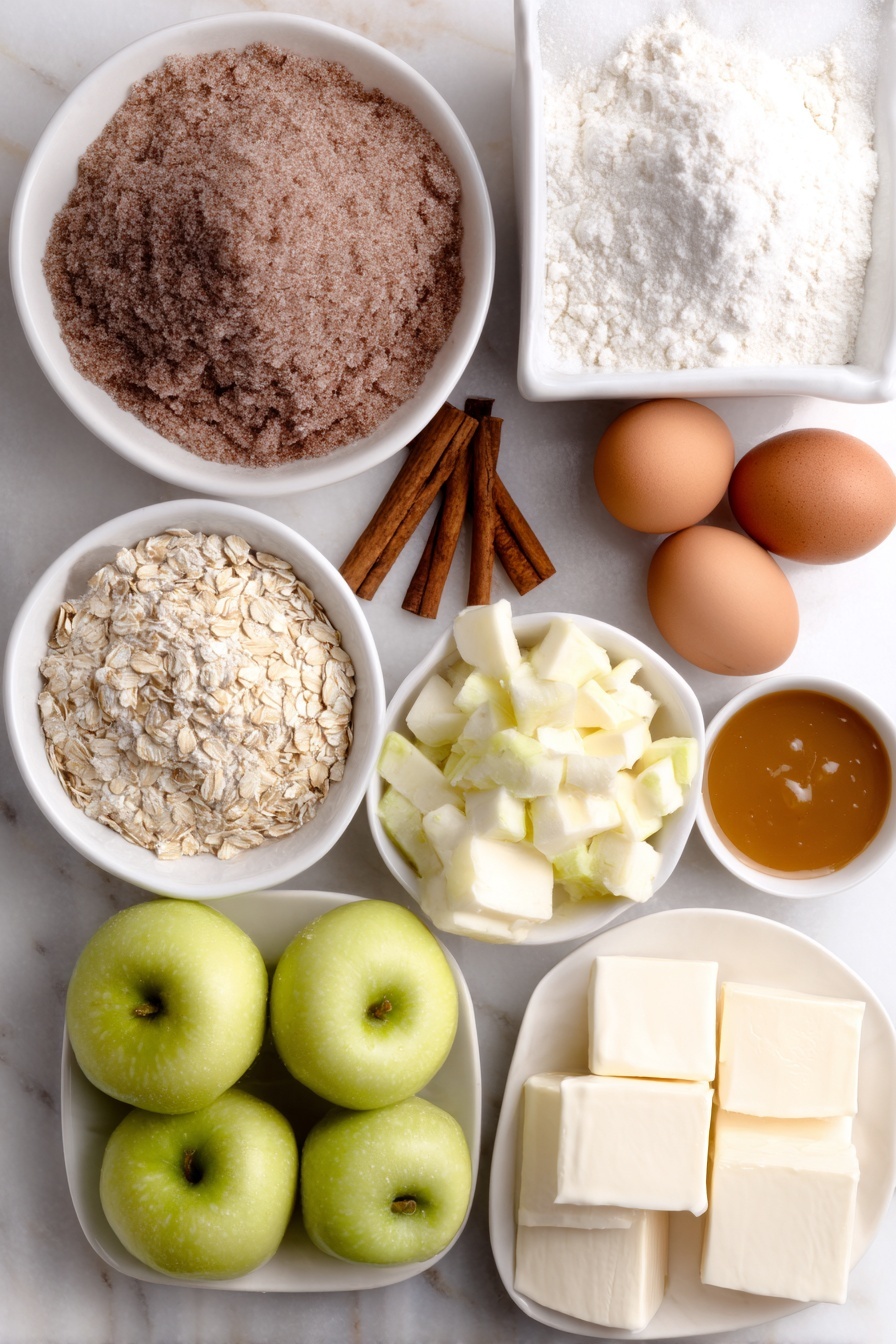 Flat lay of a small mound of all-purpose flour, a neat pile of firmly packed brown sugar, a large slab of softened butter, three whole brown eggs with clean shells, three peeled and cored Granny Smith apples chopped into small pieces, a few whole cinnamon sticks with scattered ground cinnamon and nutmeg beside them, a small white bowl filled with quick cooking oats, three blocks of cream cheese with smooth surfaces, a few whole vanilla beans, and a small white bowl holding golden caramel sauce, all arranged symmetrically in simple white ceramic bowls and plates, placed on a clean white marble surface, soft natural light, photo taken with an iPhone, professional food photography style, fresh ingredients, white ceramic bowls, no bottles, no duplicates, no utensils, no packaging --ar 2:3 --v 7 --p m7354615311229779997 - Caramel Apple Cheesecake Bars, apple dessert bars, caramel cheesecake bars, easy apple dessert recipe, fall dessert recipes