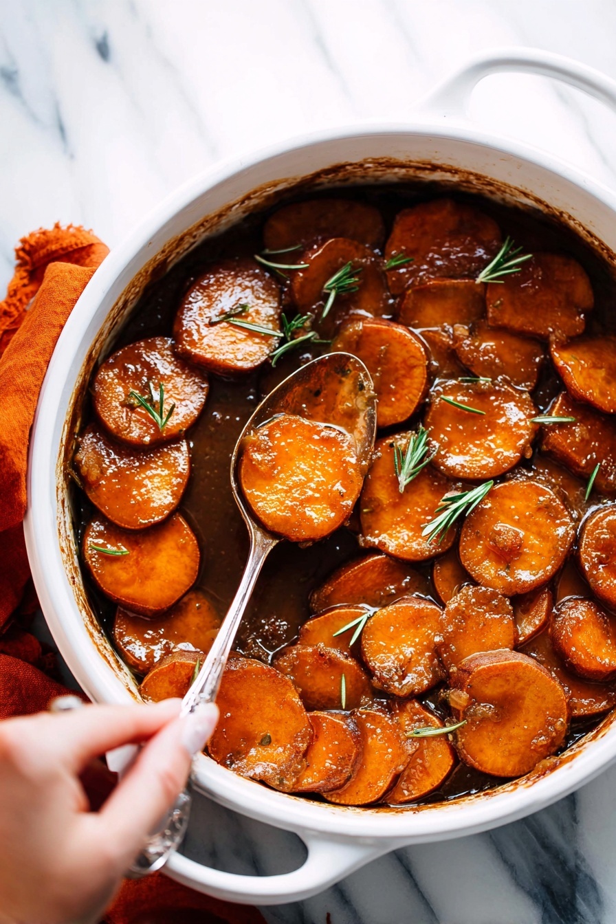 The image shows a close-up of thick round slices of cooked sweet potatoes, layered with a shiny, sticky brown sauce that coats them evenly. The sweet potatoes are soft with a smooth texture, and the sauce looks rich and slightly glossy, pooling around the edges. Small sprigs of green rosemary lie scattered among the slices, adding a touch of color. A silver spoon holds a couple of the sticky sweet potato slices, lifting them slightly above the rest. The background is a white marbled texture that adds contrast and focus to the warm orange and brown tones of the dish. photo taken with an iphone --ar 2:3 --v 7 - Candied Sweet Potatoes with Maple and Spices, sweet potato side dish with maple and spices, cozy holiday sweet potatoes, baked candied sweet potatoes, easy sweet potato recipe