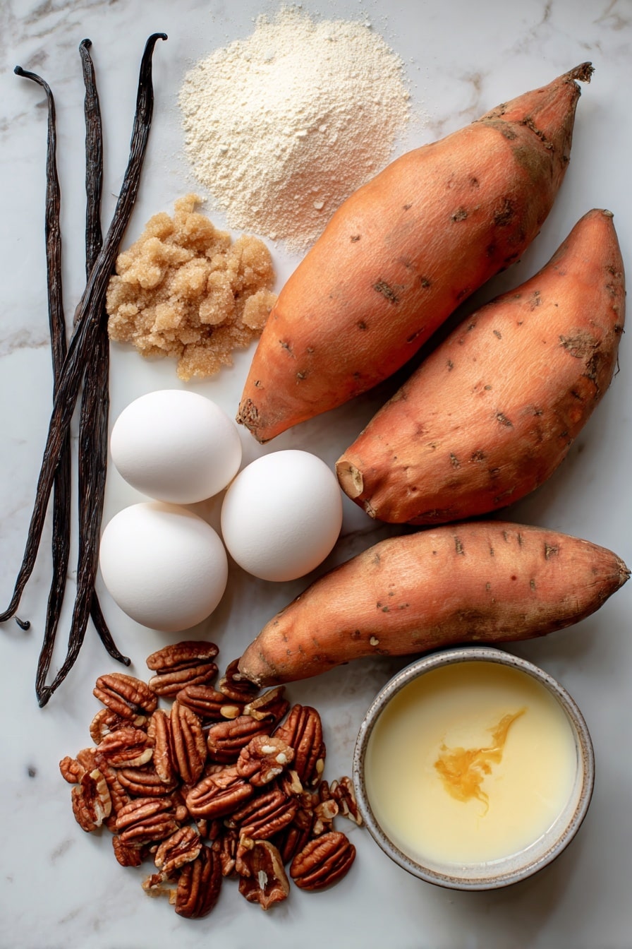 Flat lay of large bright orange sweet potatoes with smooth skin, rich golden melted butter in a small natural pool, raw whole eggs with smooth white shells, light brown sugar crystals forming a small mound with a warm caramel hue, chopped pecans showing textured brown shells and creamy interiors, a small pile of pale beige all-purpose flour dusted loosely, creamy off-white evaporated milk poured in a gentle pool, and a fresh vanilla bean pod dark and glossy – all beautifully arranged with natural spacing and soft shadows, placed on white marbled surface, photo taken with an iphone --ar 2:3 --v 7 - Sweet Potato Casserole with Pecan Topping, holiday sweet potato casserole, easy sweet potato side dish, festive casserole recipes, comforting holiday side