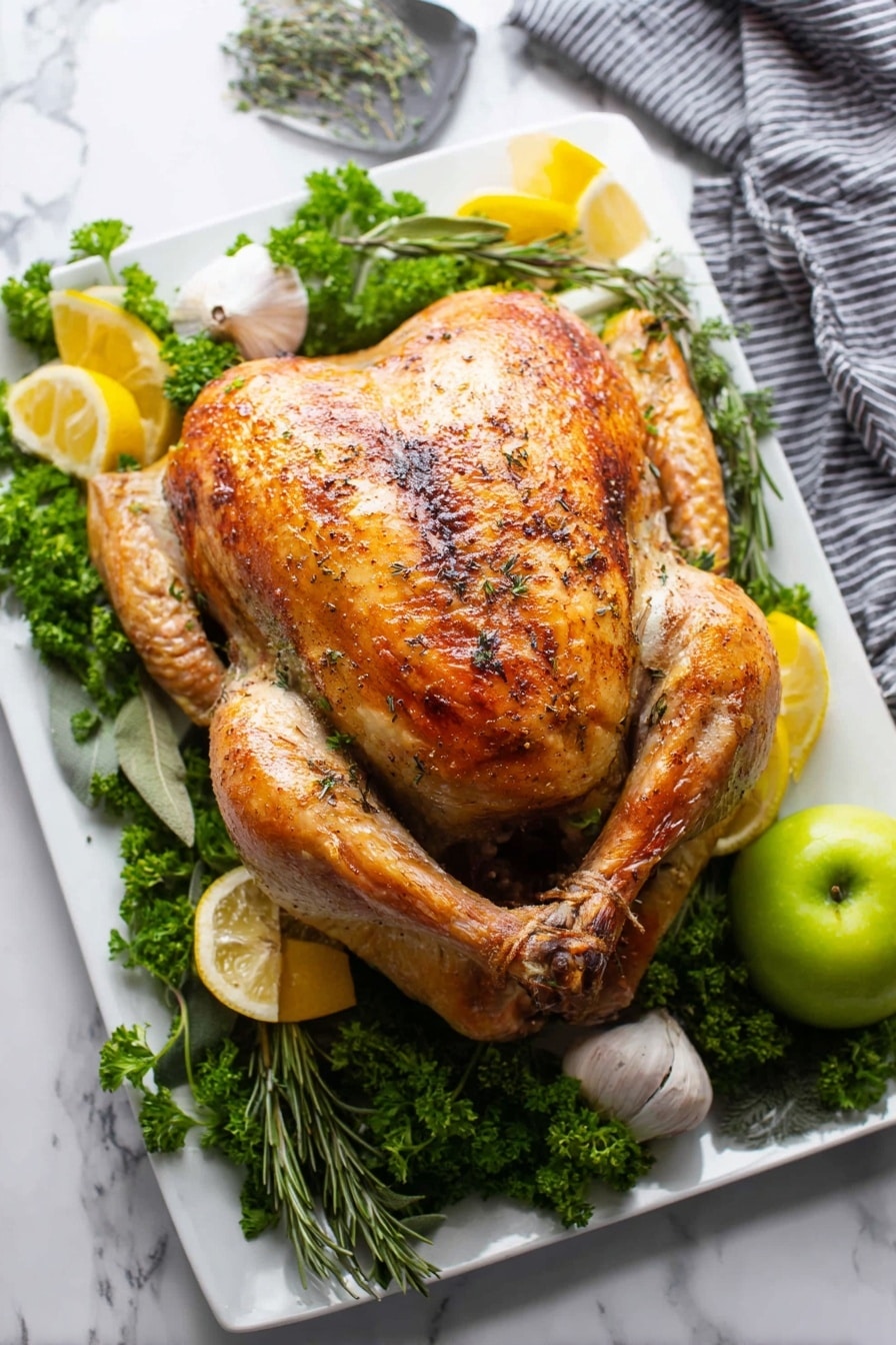 A whole roasted chicken with a golden-brown, crispy skin seasoned with herbs sits in the center of a white rectangular plate. The chicken is on top of a bed of green leafy herbs, adding fresh texture around the edges. Several lemon halves are placed around the chicken, showing bright yellow color and juicy interiors. A woman's hand is holding a knife slicing into the chicken's side, revealing tender, moist white meat inside. The background is a white marbled surface. Photo taken with an iphone --ar 2:3 --v 7 - Easy No Fuss Thanksgiving Turkey, beginner-friendly holiday turkey, juicy turkey recipe, simple Thanksgiving turkey, foolproof turkey cooking method