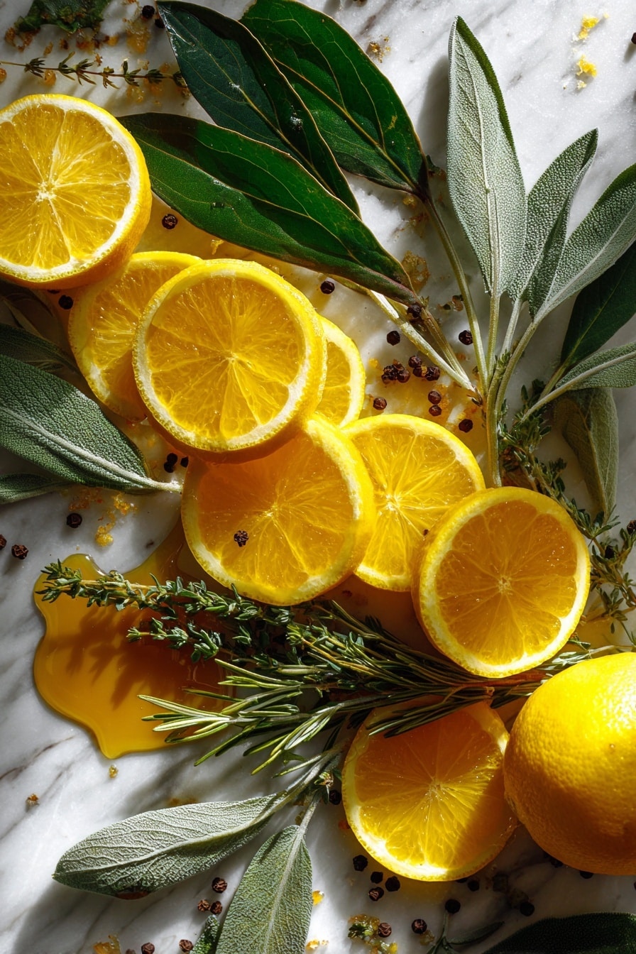 Flat lay of bright yellow lemon quarters and vibrant orange slices with glossy green rosemary sprigs and fresh bay leaves arranged naturally alongside soft sage leaves and tender thyme sprigs, scattered whole black peppercorns adding contrast, a small pile of rich golden maple syrup glistening gently, all placed on white marbled surface, photo taken with an iphone --ar 2:3 --v 7 - Easy Turkey Brine with Citrus, Herbs, and Garlic Herb Butter, turkey brine, citrus turkey, herb butter turkey, flavorful turkey marinade, juicy holiday turkey