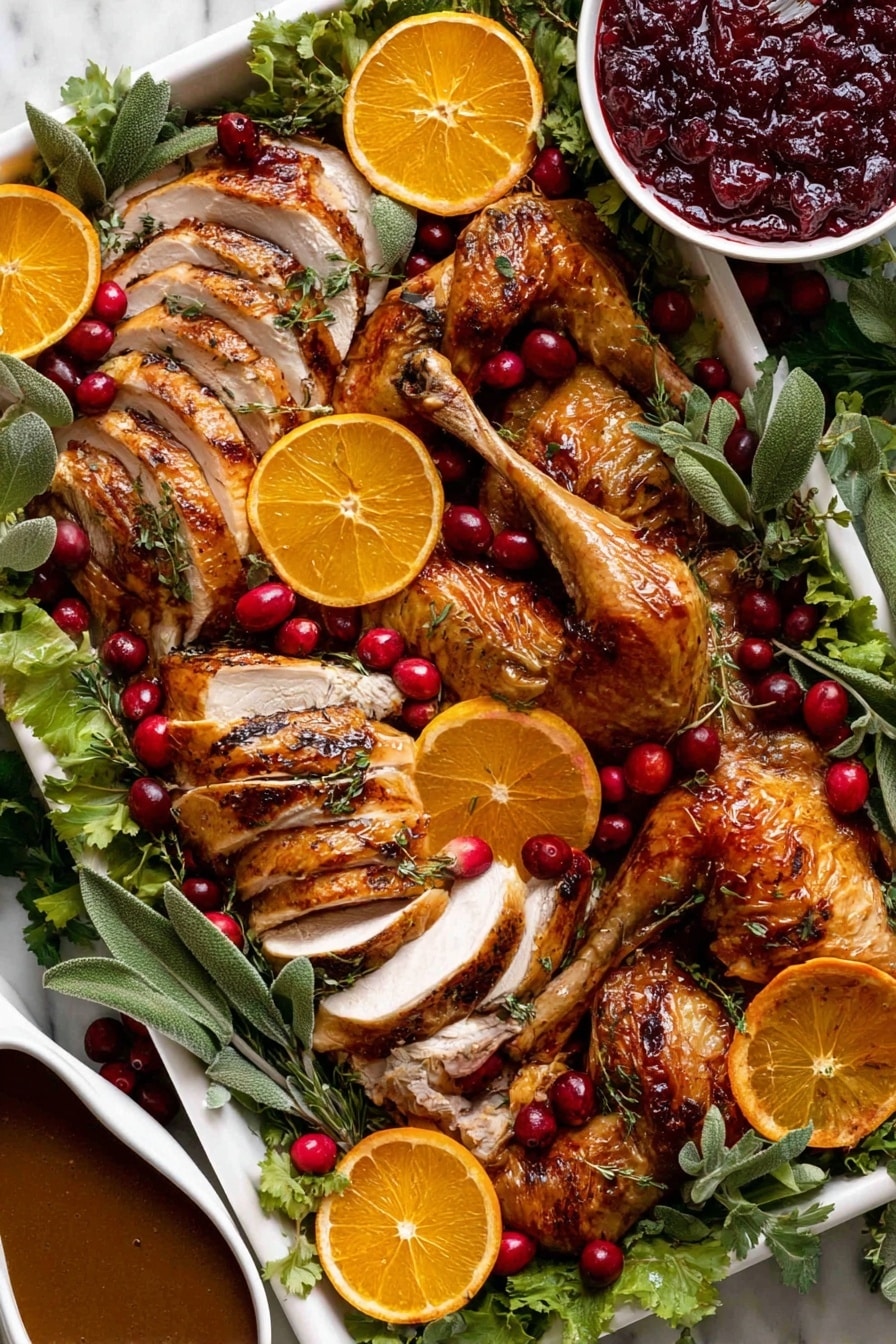The dish shows a large white tray filled with roasted turkey pieces that are golden brown with a slightly crispy texture. On the left, slices of the turkey are neatly arranged showing the white and light brown meat inside. Whole turkey legs and wings are placed around, some garnished with bright red cranberries. Fresh green herbs and leafy greens cover the tray, with orange slices scattered on top and around the turkey. In the top right corner, there is a white bowl filled with dark red cranberry sauce that looks thick. At the bottom right, a white gravy boat contains a rich brown gravy. The whole scene is placed on a white marbled surface. Photo taken with an iphone --ar 2:3 --v 7 - Juicy Roast Turkey with Herb Butter and Garlic Gravy, Roast Turkey Recipe, Herb Butter Turkey, Garlic Gravy for Turkey, Perfect Roast Turkey