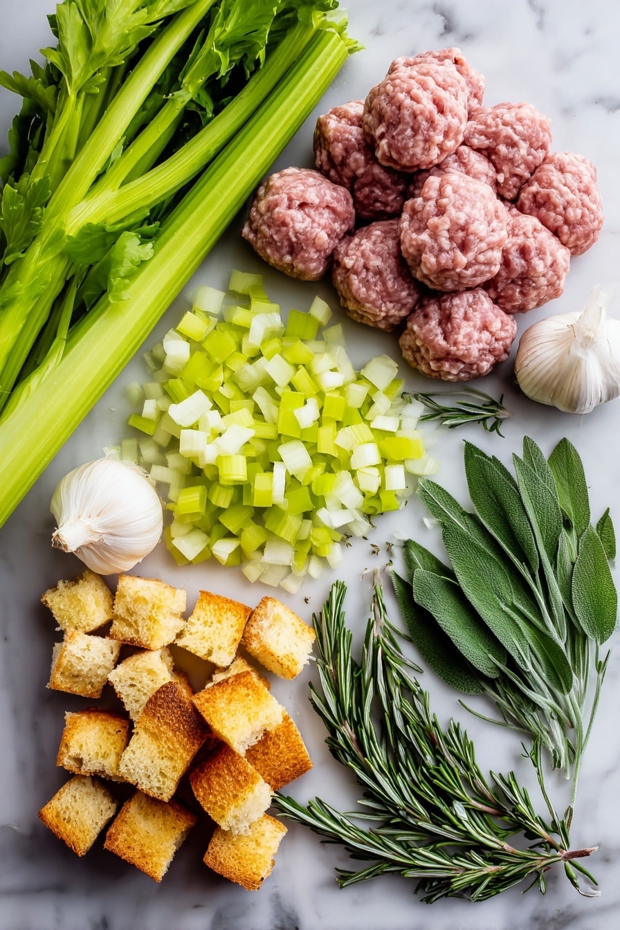 Flat lay of fresh sweet Italian sausage in raw bulk form with light marbling, diced bright yellow onion pieces, crisp pale green celery stalks chopped into small chunks, peeled garlic cloves with smooth white skin, sprigs of fresh green rosemary with needle-like leaves, soft sage leaves in muted gray-green tones, vibrant flat-leaf parsley chopped finely showing bright green color, all neatly arranged with rustic cubes of golden-brown bread stuffing, placed on white marbled surface, photo taken with an iphone --ar 2:3 --v 7 - Easy Sausage & Herb Stuffing, sausage herb stuffing, savory stuffing recipe, holiday stuffing idea, easy Thanksgiving stuffing