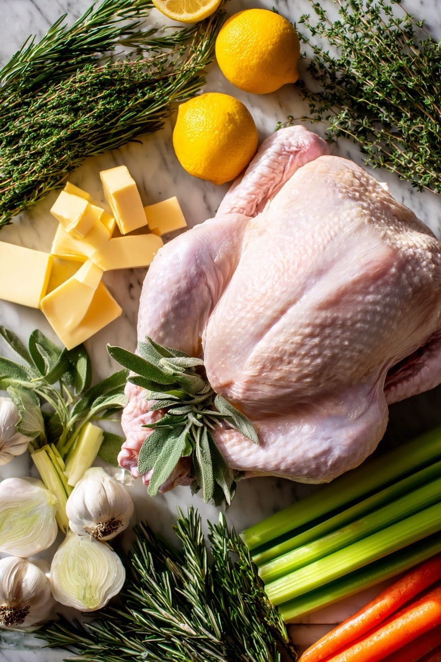 Flat lay of a whole raw turkey with pale pink skin, surrounded by fresh quartered yellow lemon wedges, vibrant green sprigs of rosemary, thyme, and sage with fine leaves, golden yellow chunks of unsalted butter, cloves of raw garlic with papery white skins and smooth texture, crisp orange carrot pieces, bright green celery ribs with a fibrous texture, and quartered white onion sections showing layered rings, all naturally arranged in an inviting, slightly scattered pattern, placed on white marbled surface, photo taken with an iphone --ar 2:3 --v 7 - Garlic Butter Roasted Turkey, roasted turkey recipe, holiday turkey, juicy roasted turkey, garlic herb turkey