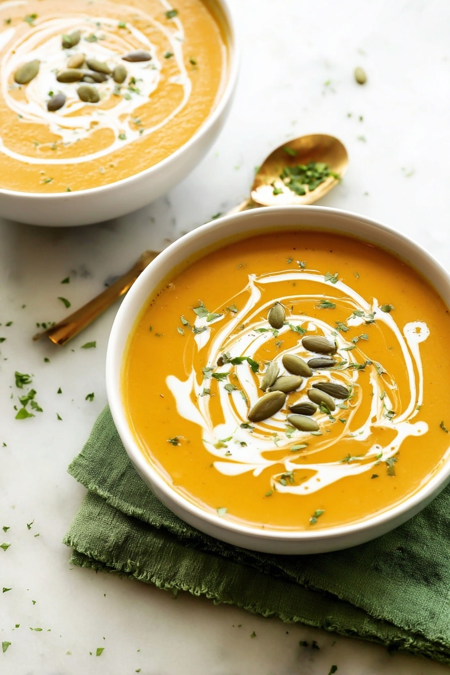 Two white bowls filled with smooth orange soup sit on a white marbled surface. Each bowl shows a swirl of white cream on top, with green pumpkin seeds placed in the center of the cream swirl. Small bits of chopped green herbs are scattered lightly over the soup. A golden spoon with a small sprinkle of green herbs rests beside one bowl on a green cloth. The photo has bright natural light highlighting the creamy texture of the soup, photo taken with an iphone --ar 2:3 --v 7 - Curried Butternut Squash Soup, butternut squash soup, spicy squash soup, vegan butternut squash soup, cozy fall soups