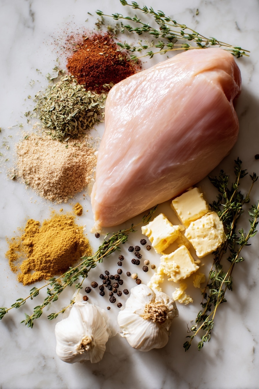 Flat lay of a plump, raw boneless turkey breast with smooth pale pink skin; small heaps of warm brown paprika, beige garlic powder, golden onion powder, greenish dried thyme sprigs, and mixed poultry seasoning powders; lumps of creamy yellow butter with a soft texture; fresh sprigs of bright green thyme scattered delicately; whole black peppercorns with shiny dark surfaces; all beautifully arranged in a natural, balanced composition, placed on white marbled surface, photo taken with an iphone --ar 2:3 --v 7 - Juicy Traeger Smoked Turkey Breast, smoked turkey breast recipe, easy smoked turkey, no brine turkey, flavorful turkey breast