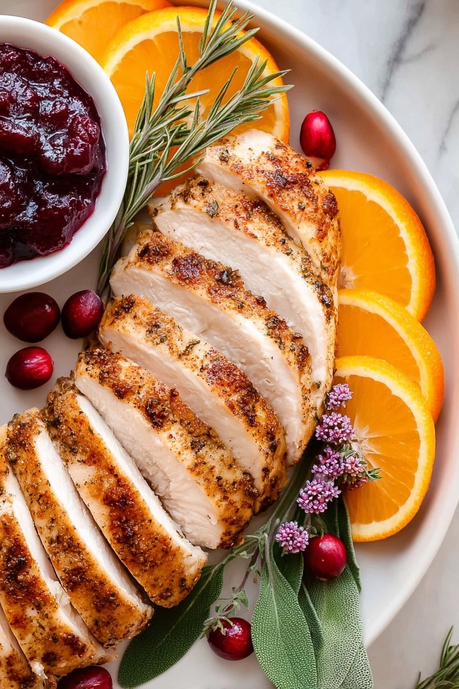 A white plate on a white marbled surface holds a sliced turkey arranged in a neat fanned shape, its golden-brown roasted skin on top with juicy white meat inside. To the left of the turkey, there are three bright orange slices quietly resting, with a small white bowl nearby filled with dark red cranberry sauce dotted with whole cranberries. A sprig of fresh green rosemary lies between the turkey and the bowl, garnished with fresh cranberries and a few green leaves scattered around the plate. A woman's hand appears on both sides, gently holding the edges of the plate. In the background, part of a striped cloth and an orange pumpkin sit on the white marbled surface. photo taken with an iphone --ar 2:3 --v 7 - Juicy Traeger Smoked Turkey Breast, smoked turkey breast recipe, easy smoked turkey, no brine turkey, flavorful turkey breast