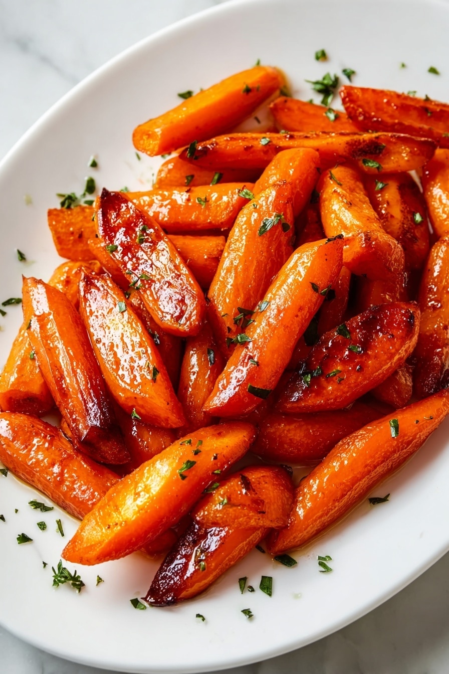 The image shows many roasted carrot pieces spread out on a baking tray with a slightly browned, oily surface. Each carrot is cut into long pieces, with some showing a shiny caramelized texture on one side, varying from deep orange to darker brown hues. The carrots appear tender with a lightly glazed look, and small bits of salt or seasoning are visible on their surface. The background is a white marbled texture. photo taken with an iphone --ar 2:3 --v 7 - Honey Glazed Roasted Carrots, roasted carrot side dish, honey glazed carrots, easy roasted vegetables, healthy vegetable recipes