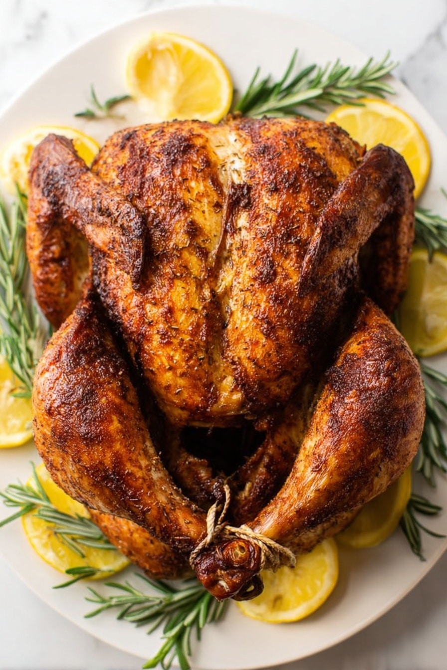 A whole roasted chicken with crispy, dark golden-brown skin is placed at the center of a white plate. The chicken is positioned with its wings folded close and legs tied together at the top. Around the chicken, there are green rosemary sprigs and bright yellow lemon slices evenly spaced on the white plate, which rests on a white marbled surface. The texture of the chicken's skin shows some herb seasoning and a slight shine from roasting. Photo taken with an iphone --ar 2:3 --v 7 - Deep Fried Turkey, crispy fried turkey, juicy turkey recipe, Thanksgiving fried turkey, quick turkey cooking